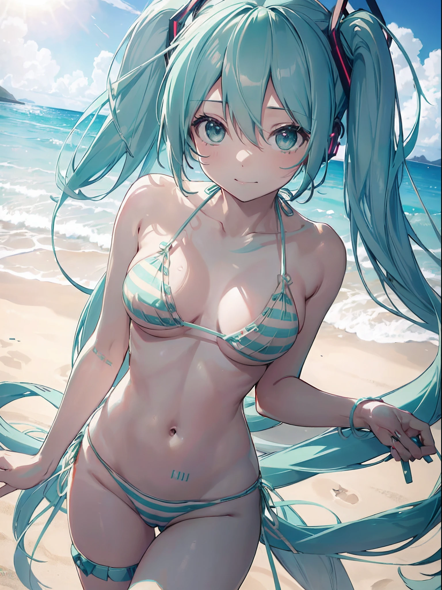 absurderes,(​masterpiece、top-quality、8K ),intricate detailes,1 Cute Beautiful Girl、((miku hatsune:1.5)),(Green hair、Twin-tailed:1.2),((Mint green striped string bikini:1.5)),Cute anime face、anime colours、A slender、((1.3)),Smaller chest、thin-waist、kawaii pose、the beach、sand beach、Summer sky、Lens Flare,ultra-detailliert、Hyper realistic,Perfect Anatomy