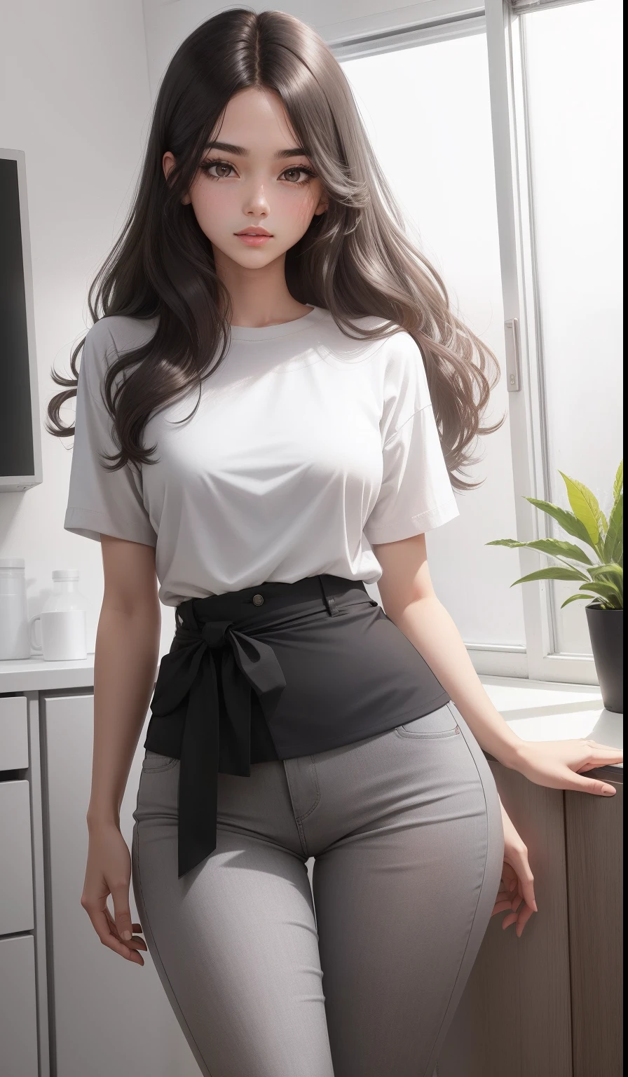 a woman in a white shirt and red pants is playing video game, simple style, wearing elegant casual clothes, muted red, simple clothes, milk and red style, casual clothing style, modern fashion outfit, wearing a fisher , casual modern clothing, inspo, red clothes, red pants, neutral tones, rred and white color scheme, casual business outfit, cute face, nike shoes, , adult face, ((waist length wavy hair)), ((brownish black hair)) and ((gleaming detailed grey coloured eyes)), slim frame, small breasts, long legs, slim curvaceous figure, soft features, slightly wavy hair