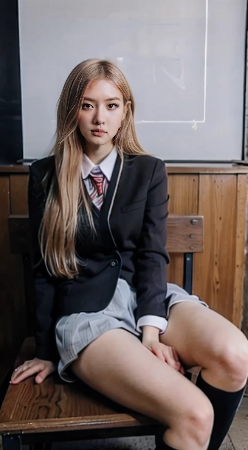 (Medium_shot:1.2), Best Quality,((FULL BODYSHOT,longshot)) (8K, Raw photo, masutepiece:1.2), (Realistic, Photorealsitic:1.4), (1girl in),Japan schoolgirl uniform,Long straight hair,thighs thighs thighs thighs,groin,school shoe,(Slender body,Brown skin),Sit on a chair and open your legs