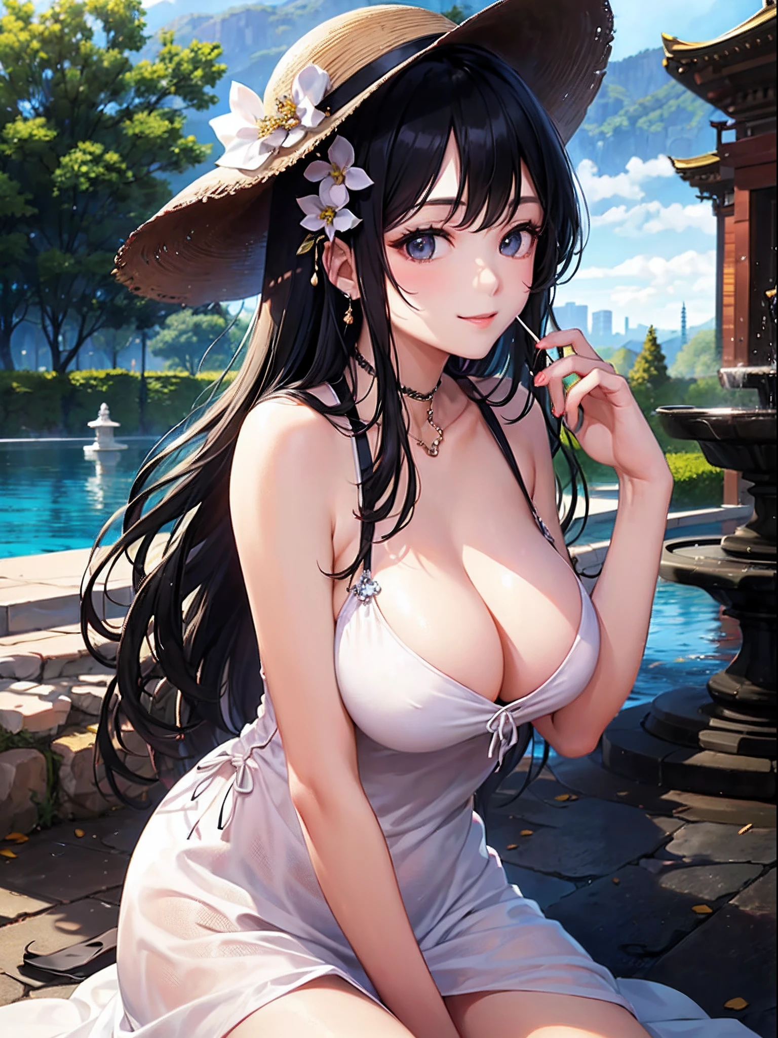 (top-quality: 1.3)、(​masterpiece: 1.3)、(The ultra-detailliert: 1.3)、(wall-paper, one girls)、([Diamonds: 1.3|The eye]:1.2)、(Perfect and beautiful white dress:1.3)、(Black hair:1.3)、a straw fedora hat、Long hair、(Beautiful Large Breasts:1.3)、a park、夏天、The fountain、Beautiful sister、ssmile、(sexypose:1.3)、all-fours