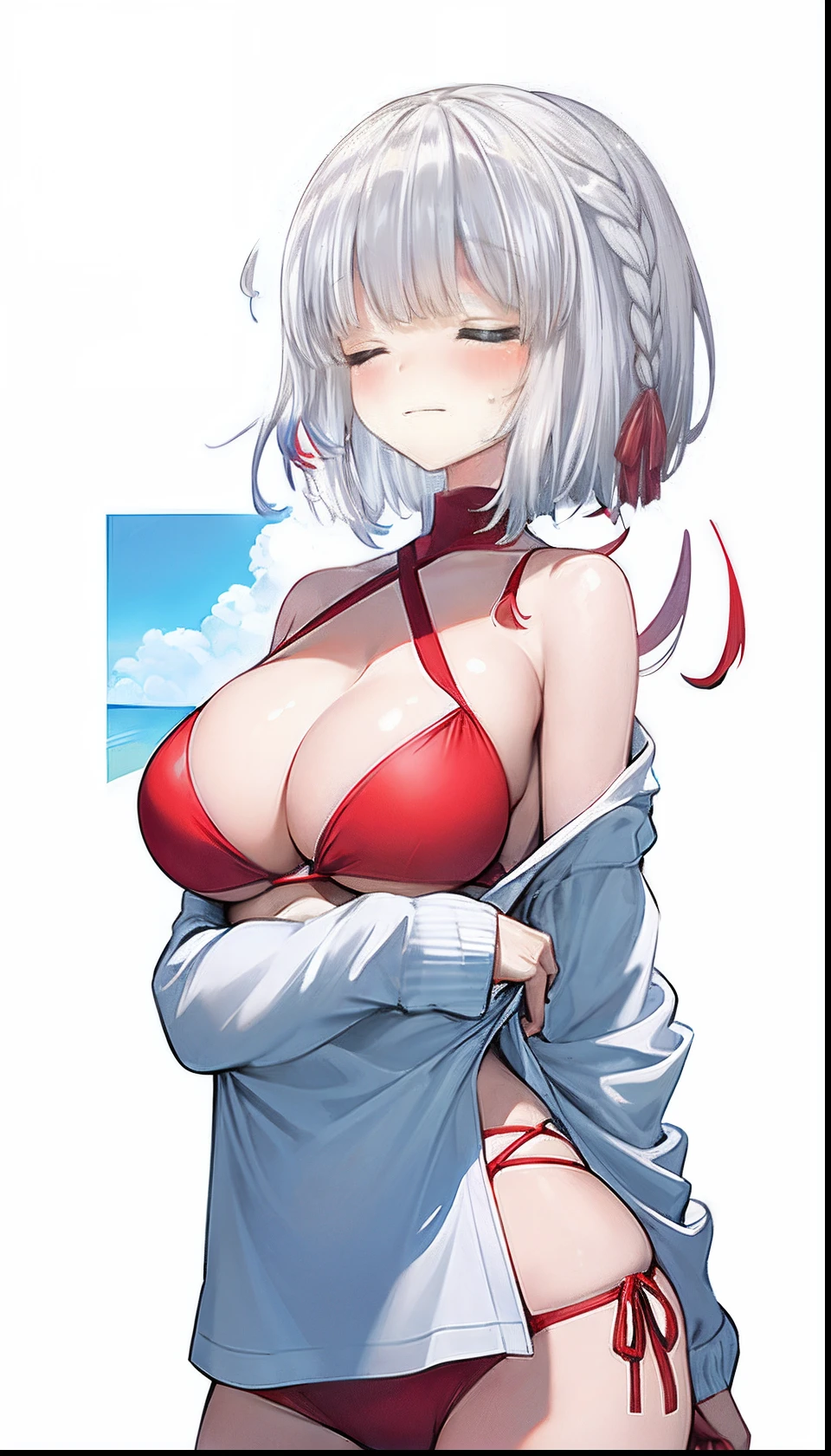 Red bikini、Colossal tits、(((masterpiece)))、(top-quality)、tre anatomically correct、(Best Quality:1.3), Large breasts, cleavage, shinny skin、Soft skin、shorth hair、an anime girl、