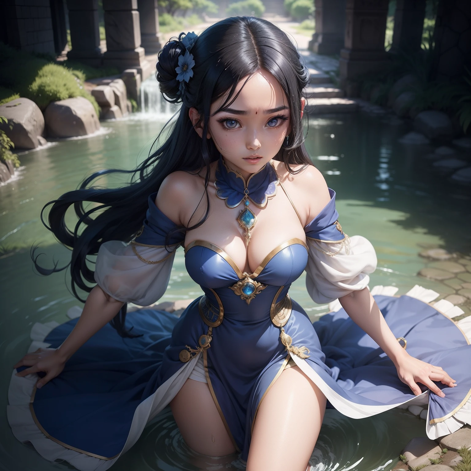 As Kanroji Mitsuri from the anime Kimetsu no Yaiba elegantly twirls in her short blue dress, she finds herself transported to a fantastical realm. In this new world, she discovers that her dress possesses magical powers, granting her the ability to control and manipulate water. However, she soon learns that an ancient curse has befallen the land, causing all water sources to dry up. Now, tasked with saving the realm and its inhabitants, Mitsuri must embark on a perilous journey, utilizing her newfound powers to restore the life-giving element to the land. But as she faces treacherous enemies and encounters intriguing allies along the way, she realizes that the key to breaking the curse lies in unraveling the secrets of her dress's origins. Will Mitsuri be able to bring back the water and restore harmony to the realm, all while discovering the truth behind her enchanted attire?