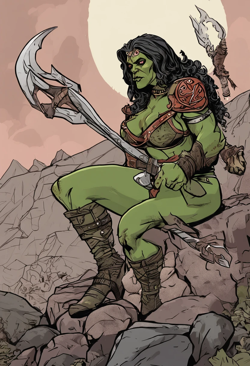 meio-orc fighter do mundo de dungeons and dragons, roupas justa vermelhos escuros e pretos, well-defined muscles. The sympathetic face with captivating eyes, and fine, feminine traits. But your body is not feminine. is non-binary. possui uma beleza incomum para este tipo de criatura, tem o tom de pele verde-escuro, piercing no nariz, cabelos vermelhos na altura do ombro.