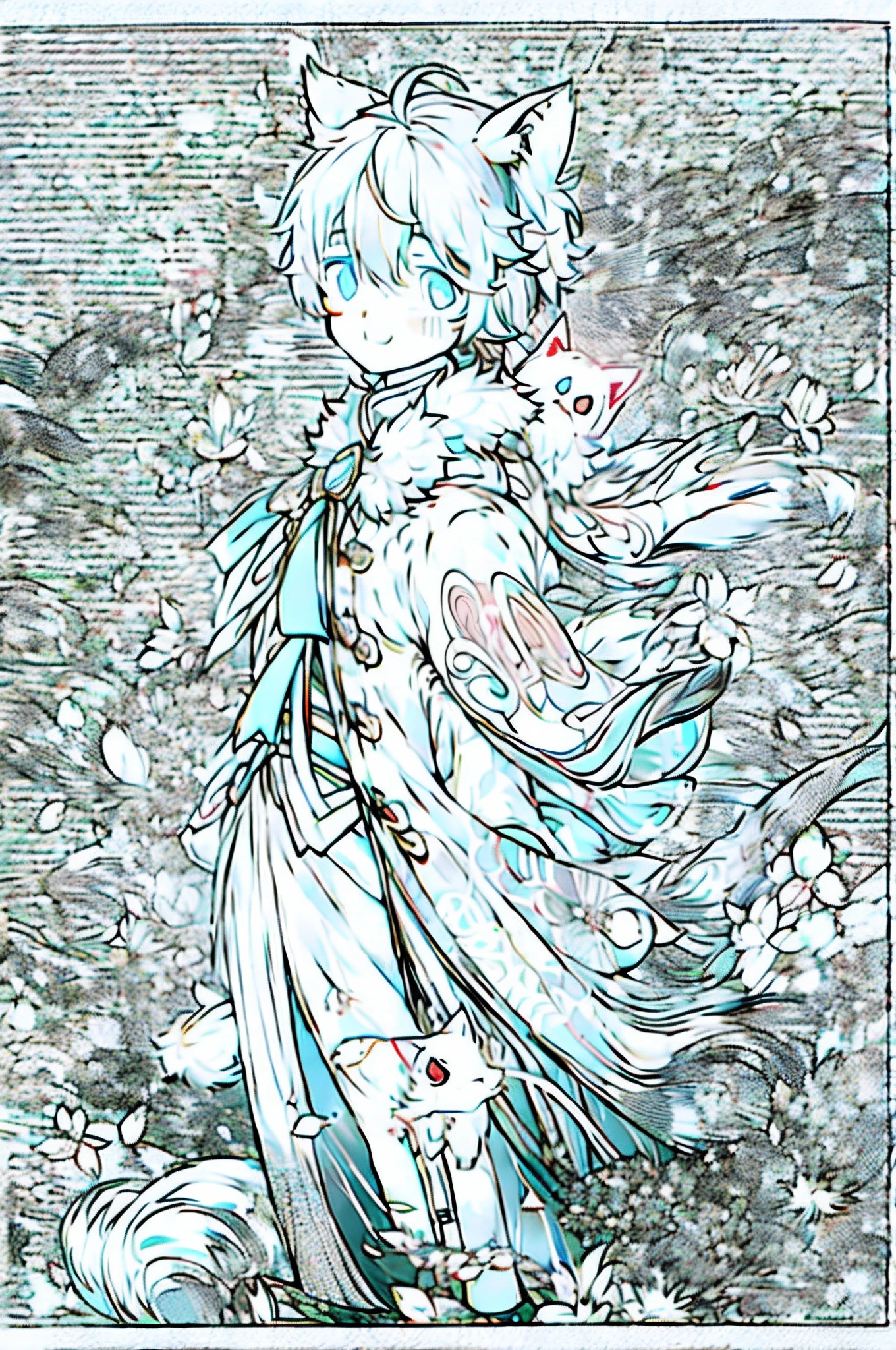(Soft moe anime style,Cute cat-eared boy,side looking,Earphone,ssmile,White fur,Light blue eyes,Moe expression,Superb anime drawing。)