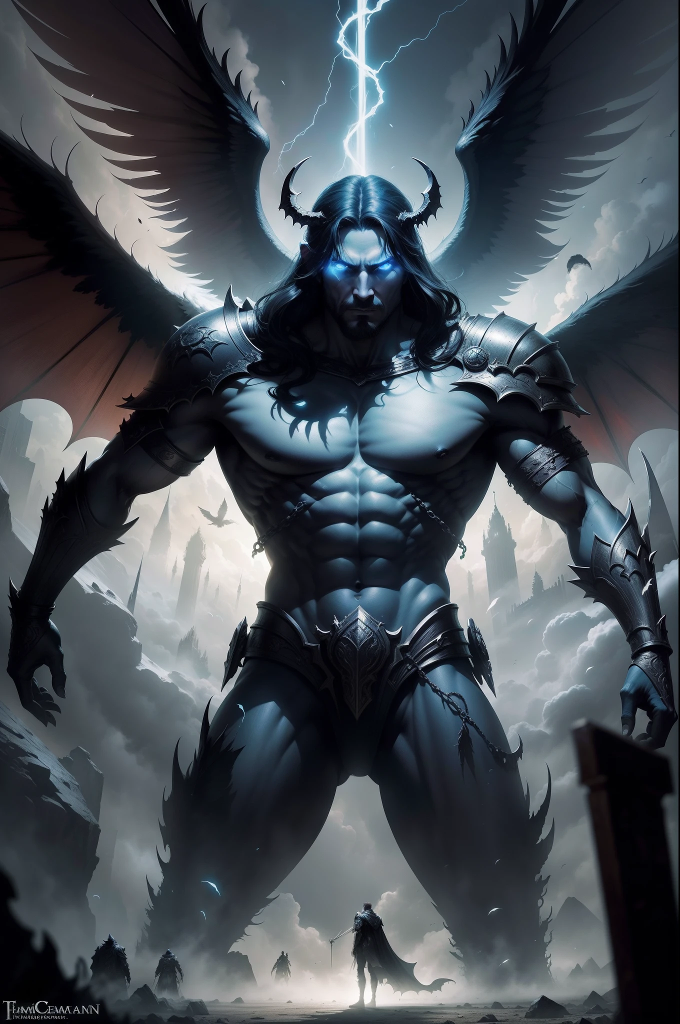 Draw image: there a man with wings on his body in a field, dark angel, fallen angel, angel with black wings, dark feathered wings, wings are clouds of darkness, fallen angels, harpy man, raven angel wings, villainess has black angel wings, black angel wings, angel of death, winged human, angel, portrait of the death angel