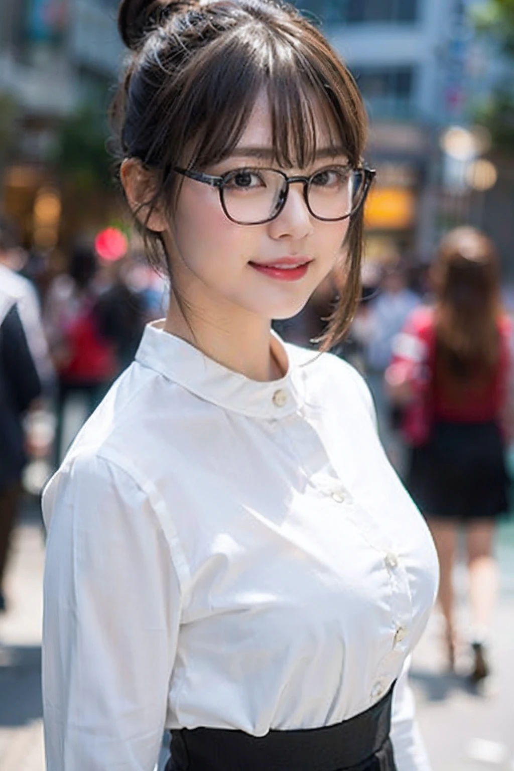 (8K、Raw photography、top-quality、masterpiece:1.2)、(realisitic、Photorealsitic:1.37)、ultra-detailliert、超A high resolution、女の子1人、see the beholder、beautifull detailed face、A smile、Constriction、(Slim waist) :1.3)、((White shirt clothes))、Beautiful detailed skin、Skin Texture、Floating hair、((Hair bunched into one))、large breasts with good shape、Professional Lighting、In front of the station at noon、((Black square glasses))、Whole human body、Brown hair、((On the phone))、