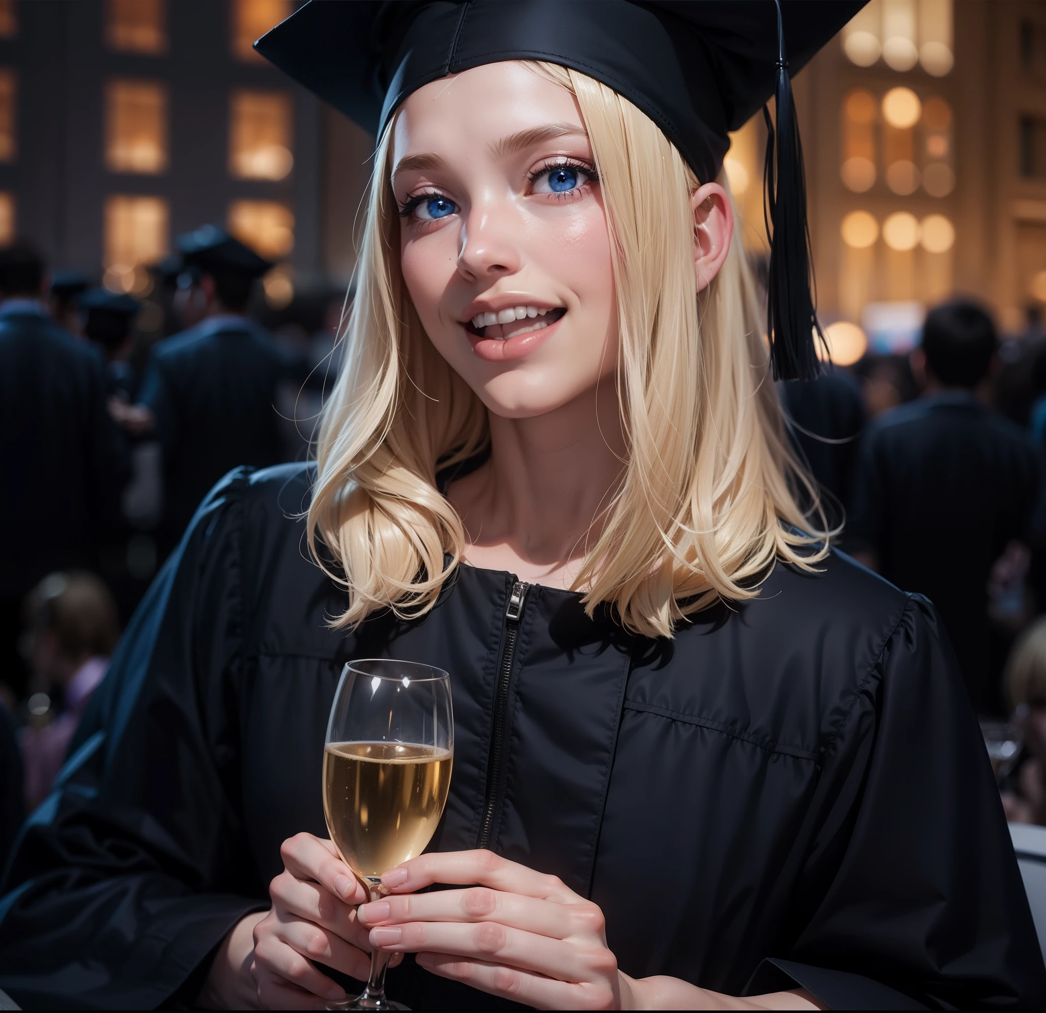 "Blonde girl with blue eyes, celebrating graduation with a nose piercing, raising a glass of champagne, surrounded by friends and laughter, under the nighttime sky."