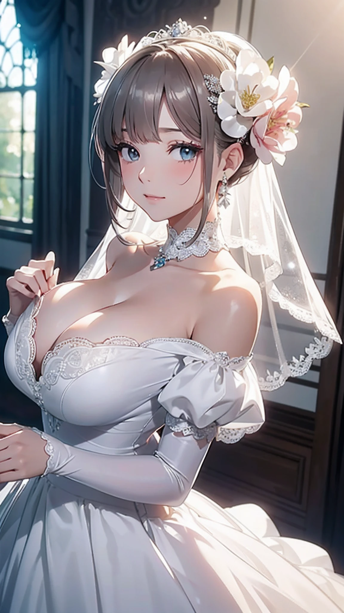 （（best qualtiy））， （（tmasterpiece）） Wedding princess dress， ray of lights， lens flare glow， White petals， Exotic，Close-up of a beautiful bride in a bridal dress,Guvitz，Head flower，headdress，Blush，（Bandeau wedding dress：1.5），（Silk dress：1.2）,（Strapless wedding dress：1.5）,Plain white dress，necklace，earring，乳溝，(huge tit:1.3)，Neck ornaments，Deep V peach heart collar wedding dress，Liuhai，Bouquet，(Lace gloves:1.2)，(Bridal veil:1.2）,（Short transparent veil：1.2），Bust photo,High detail RAW color art,Tyndall phenomenon，