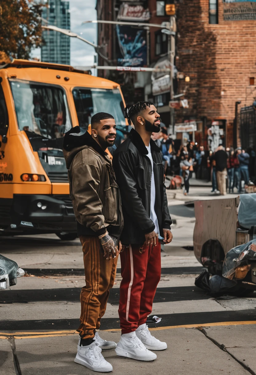 "Juice Wrld and Drake wandering through the vibrant streets of downtown Toronto, Ontario, Canada."