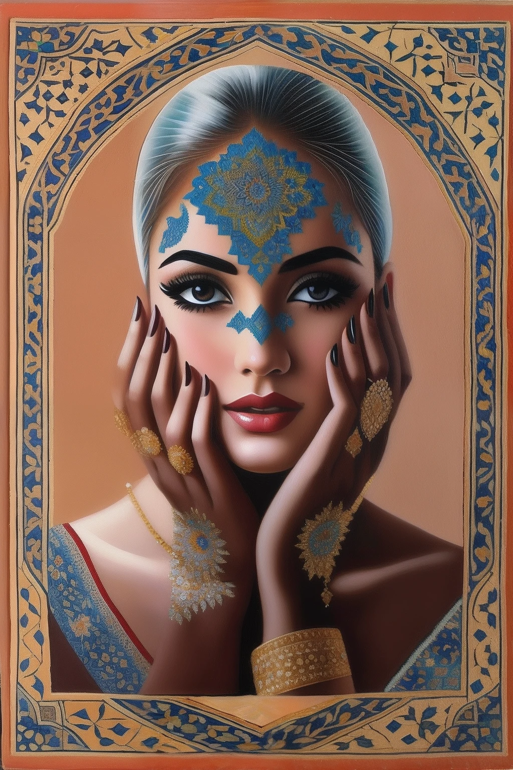 Old Iranian tiling, painting of a girl on a tile, old, Iranian, ceramic, real, very real, close-up, a tile, carpet painting, Iranian calligraphy, Iranian, beautiful, miniature, painting
