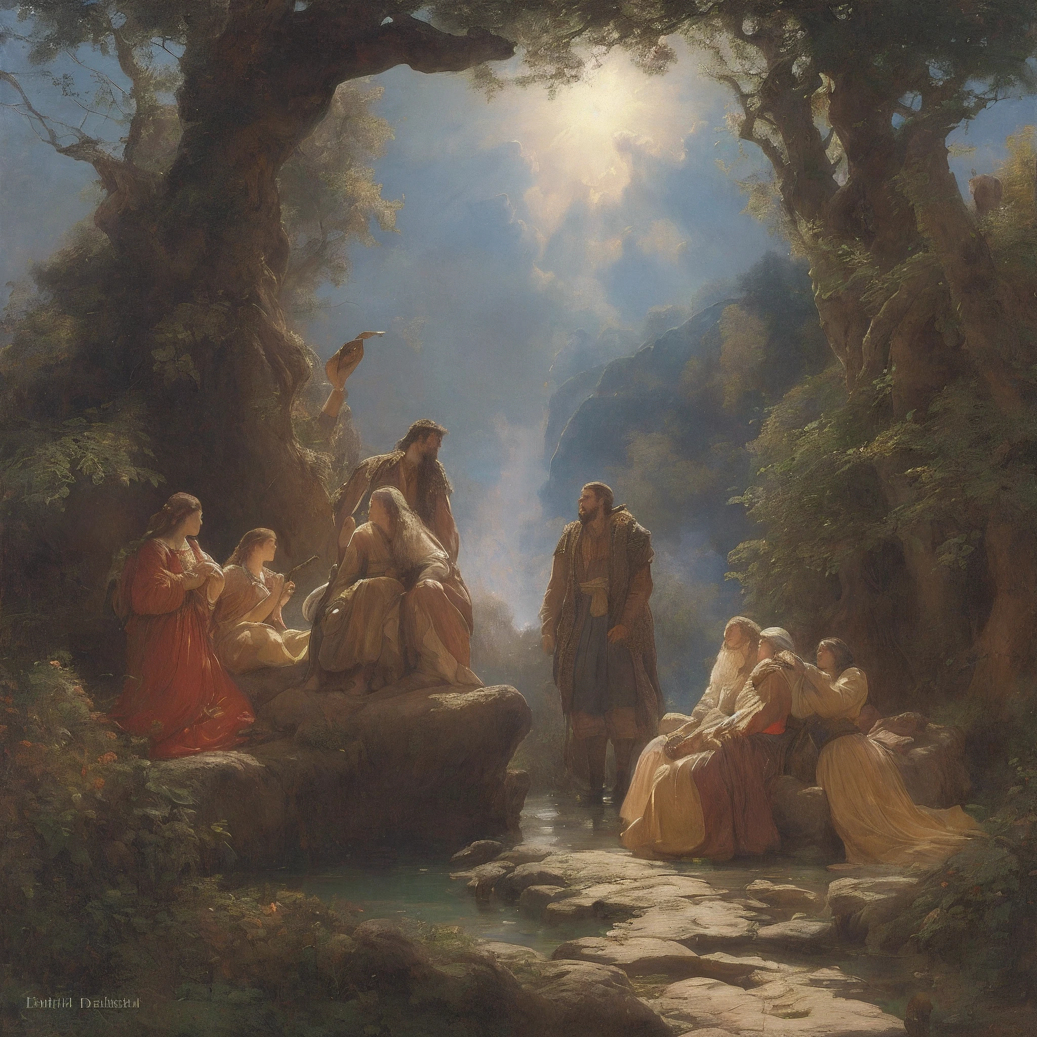 pintura de um grupo de pessoas sentadas em uma rocha em uma floresta, inspirado em Carl Heinrich Bloch, inspired by Théodore Chassériau, Arte de Edouard Bisson, kramskoi 4 mil, Mystical scene, romantismo pintura, Directed by: Emile Lahner, Tuomas Korpi e Wlop, Albert Bierstadt e Artgerm