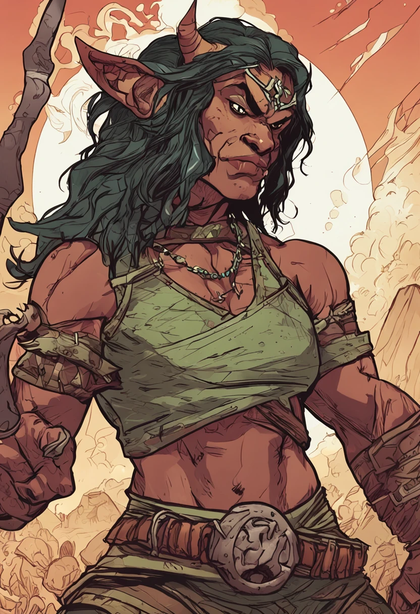 meio-orc fighter do mundo de dungeons and dragons, roupas justa vermelhos escuros e pretos, well-defined muscles. The sympathetic face with captivating eyes, and fine, feminine traits. corpo nem feminino nem masculino. o tom de pele verde-escuro, piercing no nariz, cabelos vermelhos na altura do ombro.
