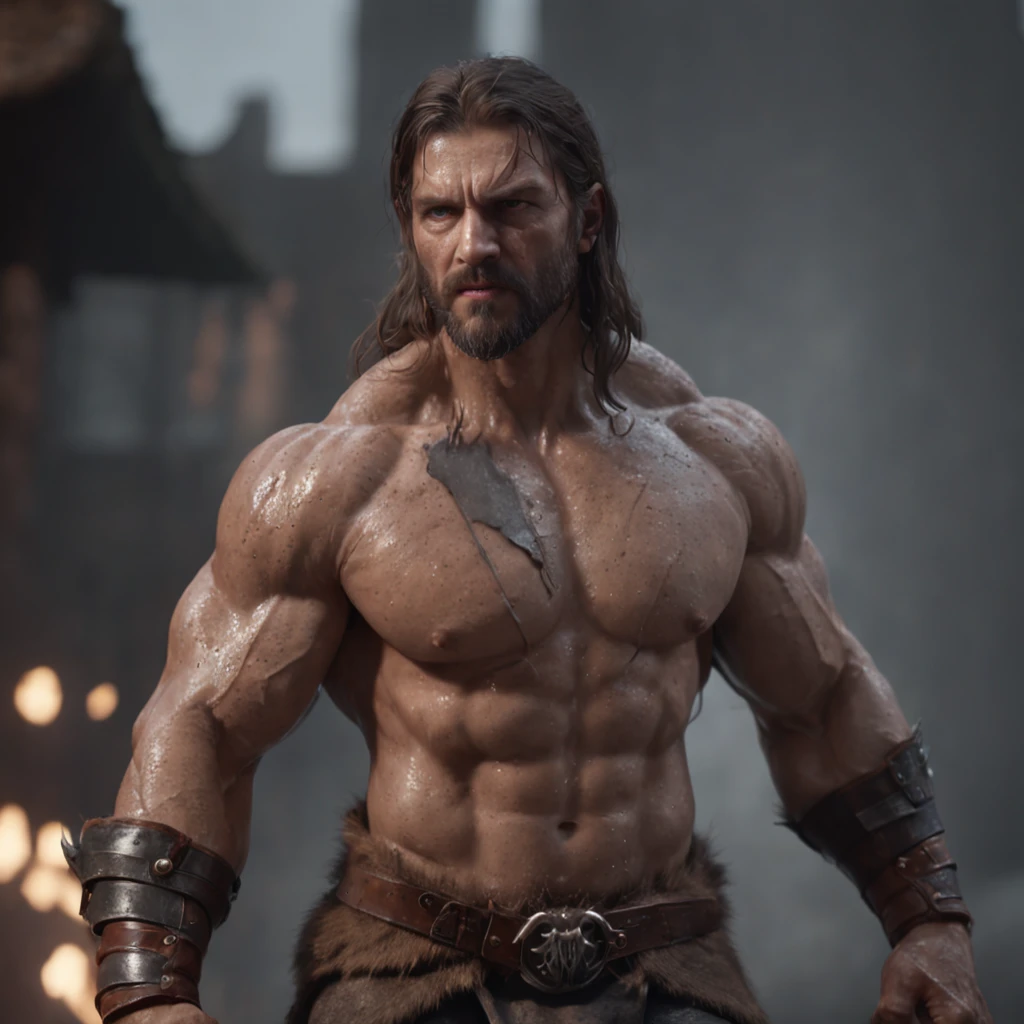 (professional 3d render:1.3) af (Realistic:1.3) most beautiful artwork photo in the world，Features soft and shiny male heroes, ((Epic hero fantasy muscle man rough wet hero angry looking long hair short beard and ferocious expression in dynamic pose, Fantastic location, Majestic cluttered environment)), Full body 8K unified rendering, action  shot, skin pore, very dark lighting, heavyshading, Detailed, Detailed face, (vibrant, photograph realistic, Realistic, Dramatic, Dark, Sharp focus, 8K), (Old leather garments damaged by weathering:1.4), ((((Wear fur)))), (Intricate:1.4), decadent, (Highly detailed:1.4), Digital painting, rendering by octane, art  stations, concept-art, smooth, Sharp focus, illustration, Art germ, (loish:0.23), wlop ilya kuvshinov, and greg rutkowski and alphonse mucha gracias, (Global illumination, Studio light, volumettic light), heavy rain, particles floating, lotr, fantasy, elf, full bodyesbian, ((Dark and ancient city background:1.3)),CGSesociety,art  stations