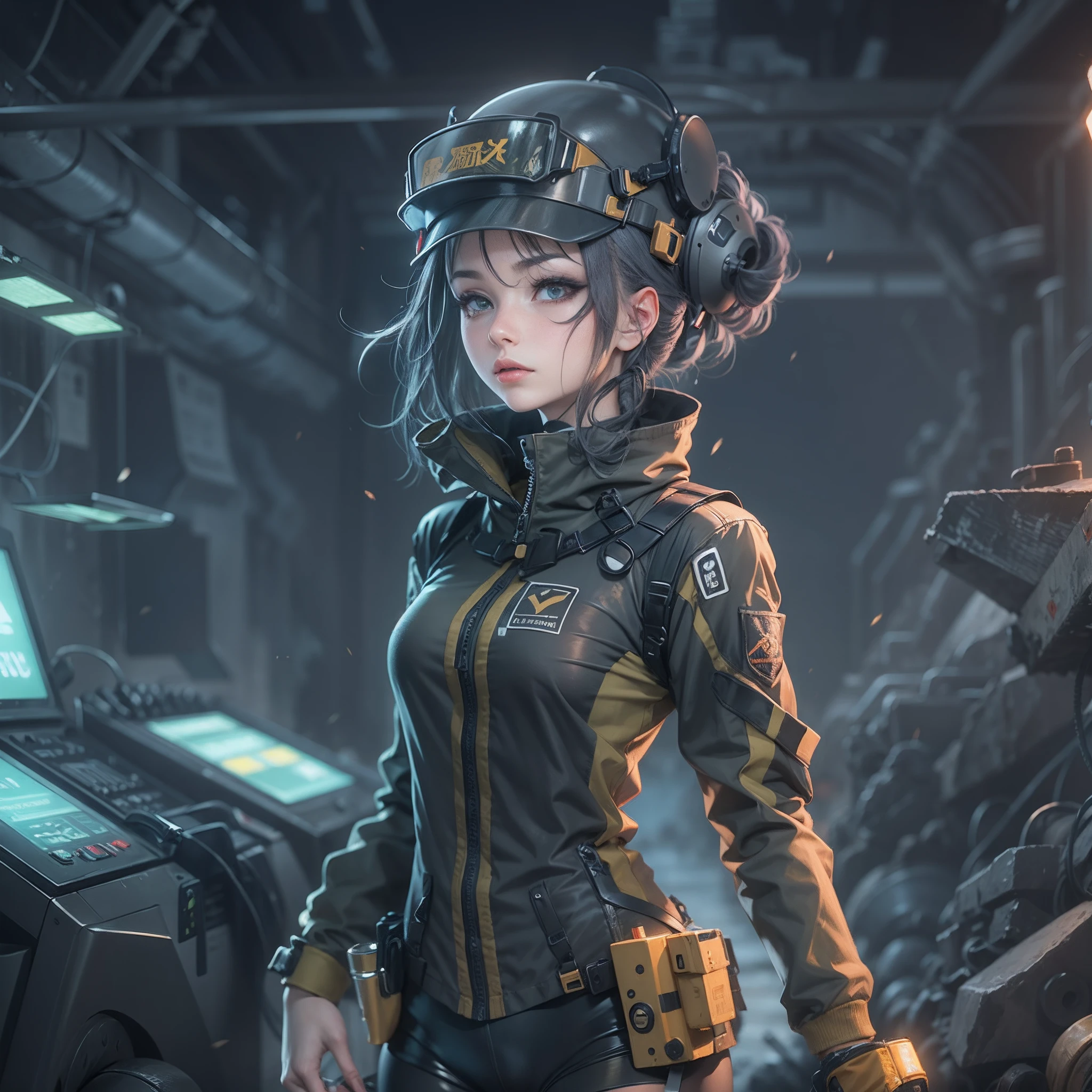 A woman with futuristic clothes working in coal mining, anime style