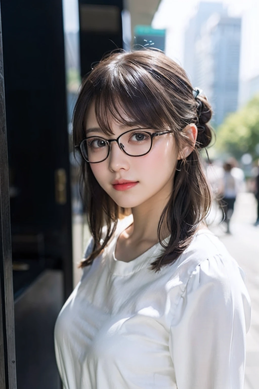 (8K、Raw photography、top-quality、​masterpiece:1.2)、(realisitic、Photorealsitic:1.37)、ultra-detailliert、超A high resolution、女の子1人、see the beholder、beautifull detailed face、A smile、Constriction、(Slim waist) :1.3)、((White shirt clothes))、Beautiful detailed skin、Skin Texture、Floating hair、((Hair bunched into one))、large breasts with good shape、Professional Lighting、In front of the station at noon、((Black square glasses))、Whole human body、Brown hair、((On the phone))、
