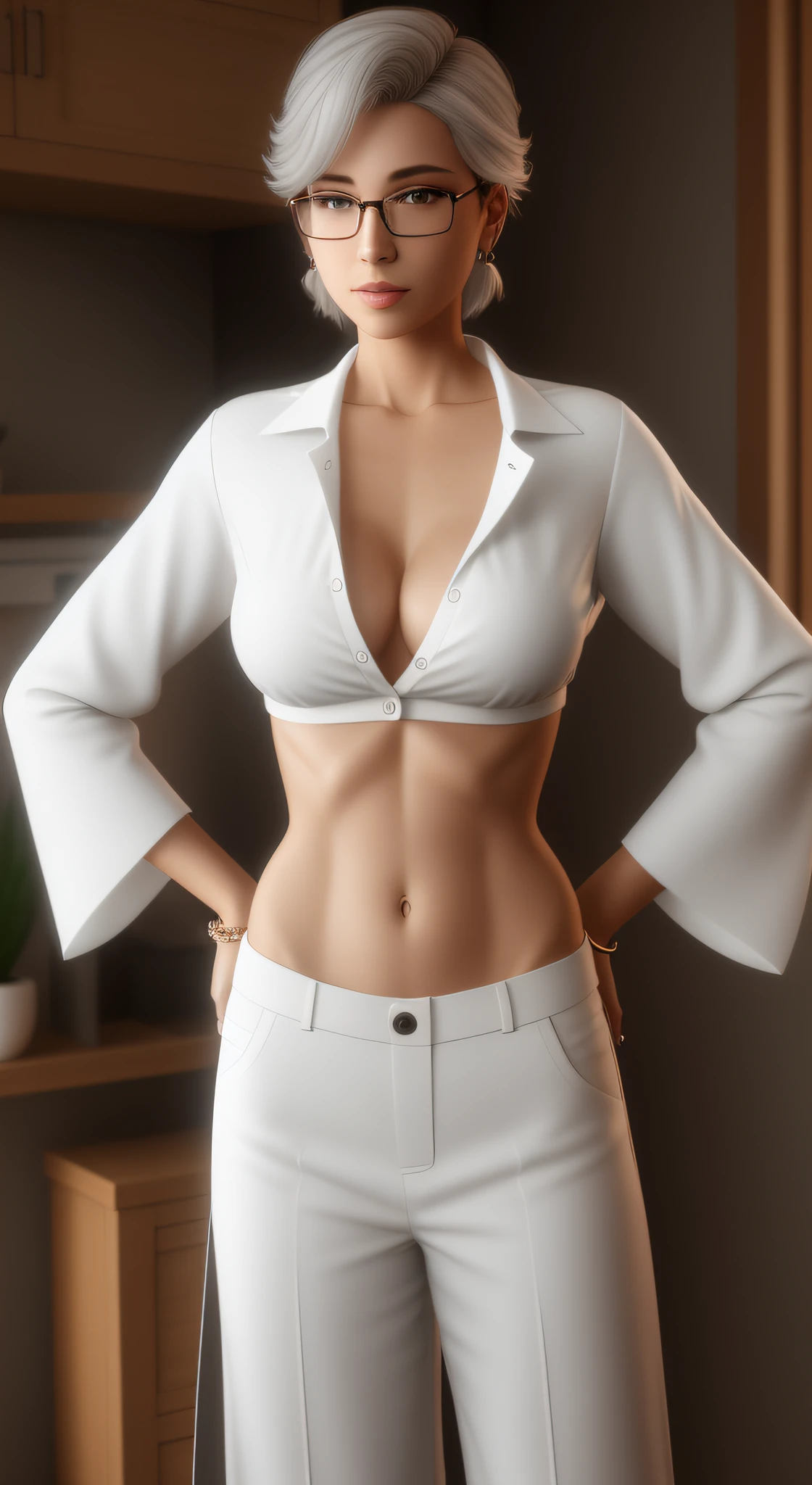 there is a woman with glasses and a white shirt posing for a picture, crop shirt, attractive body, 3 d render of a full female body, normal woman, feminine and bossy, normal body with normal belly