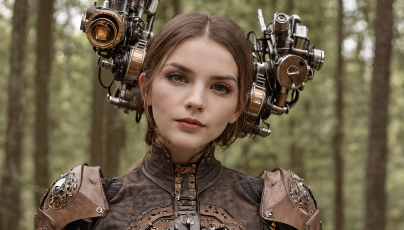 steampunk carente, maldosa, in doubt, perdida. She has a great robot friend by her side. The two are in a forest, esta amanhecendo
