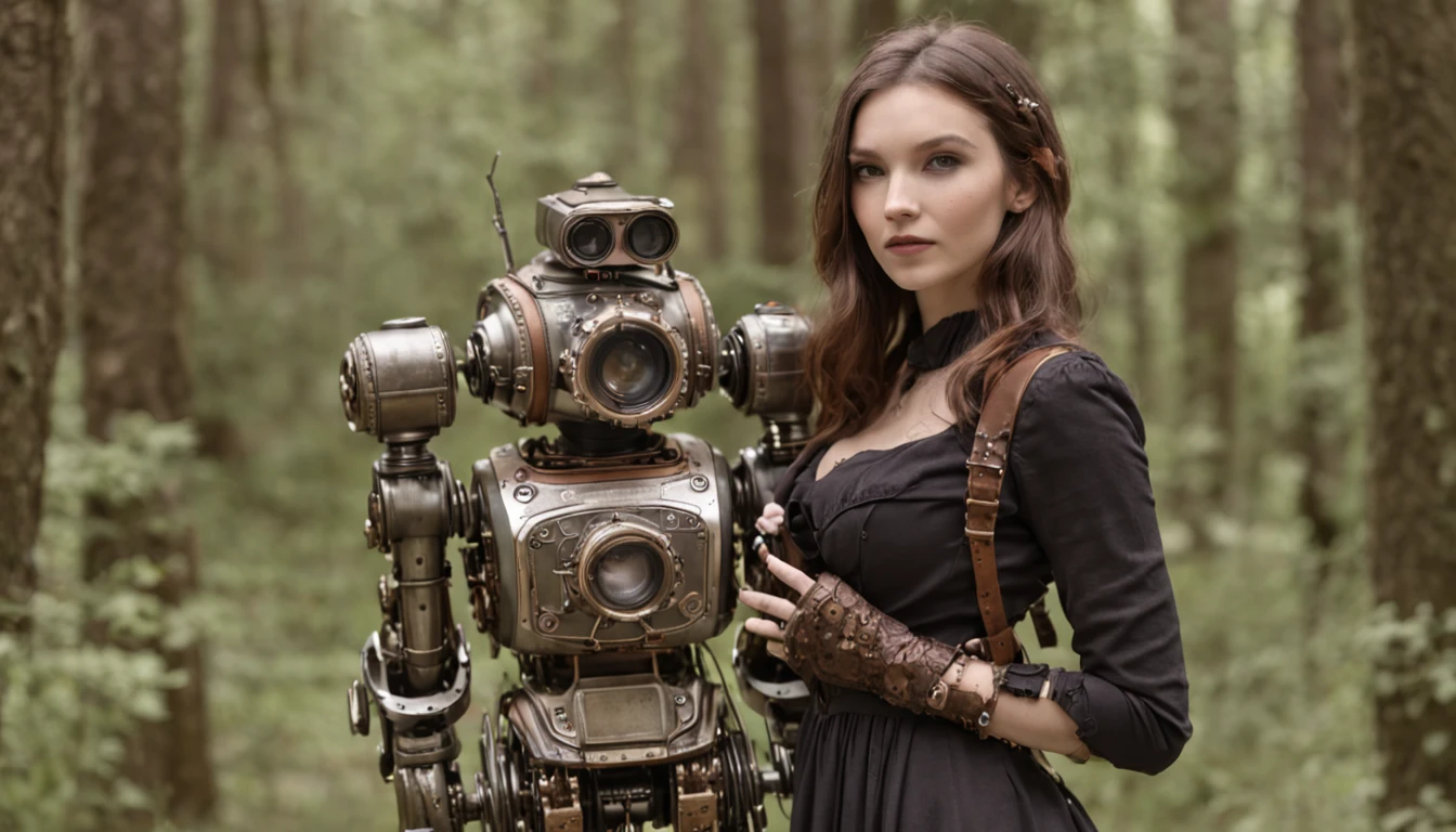 menina steampunk carente, maldosa, in doubt, perdida. She has a great robot friend by her side. The two are in a forest, esta amanhecendo
