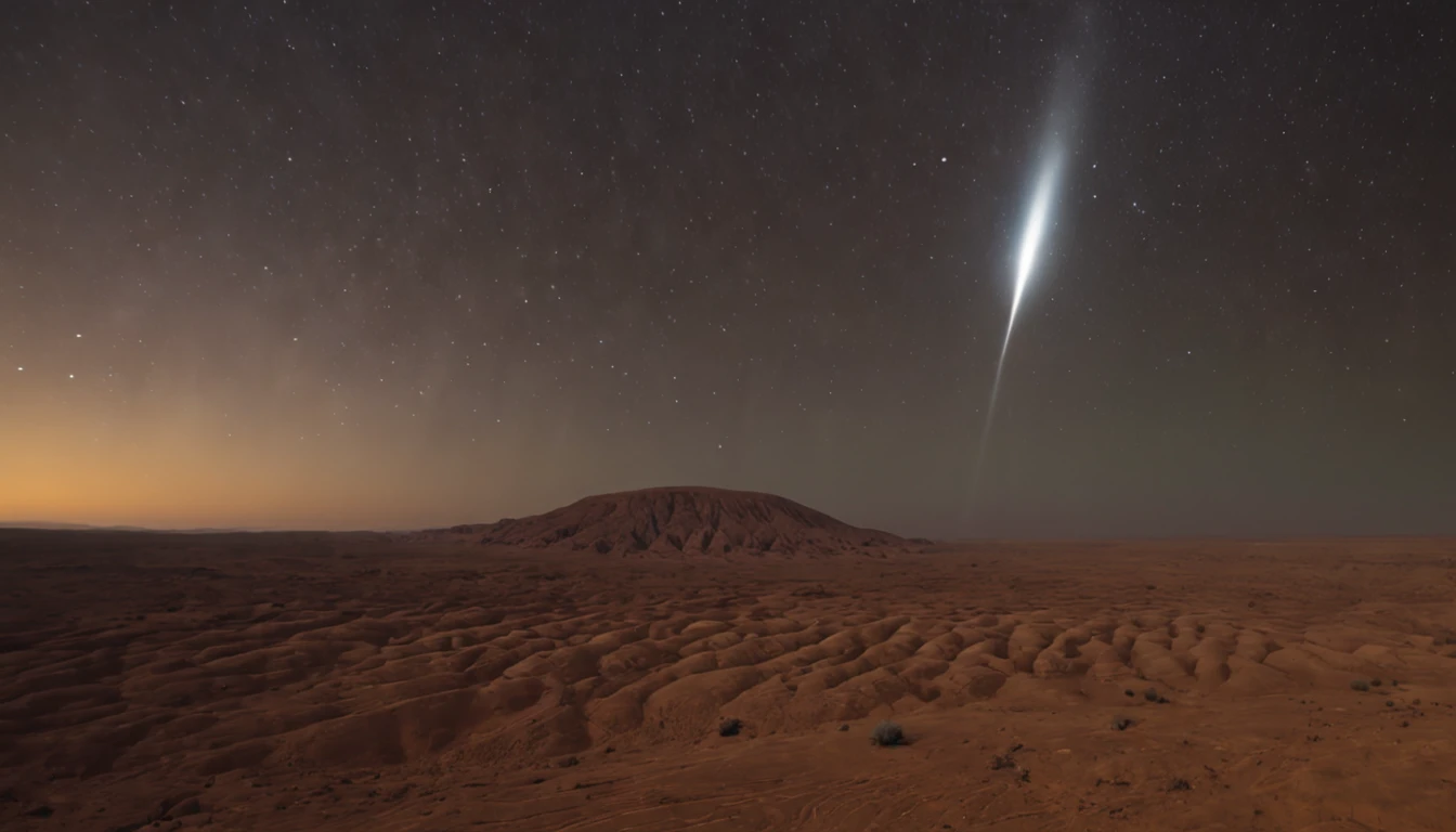 en el horizonte se ve una nave ufo sobre un desierto oscuro en la noche