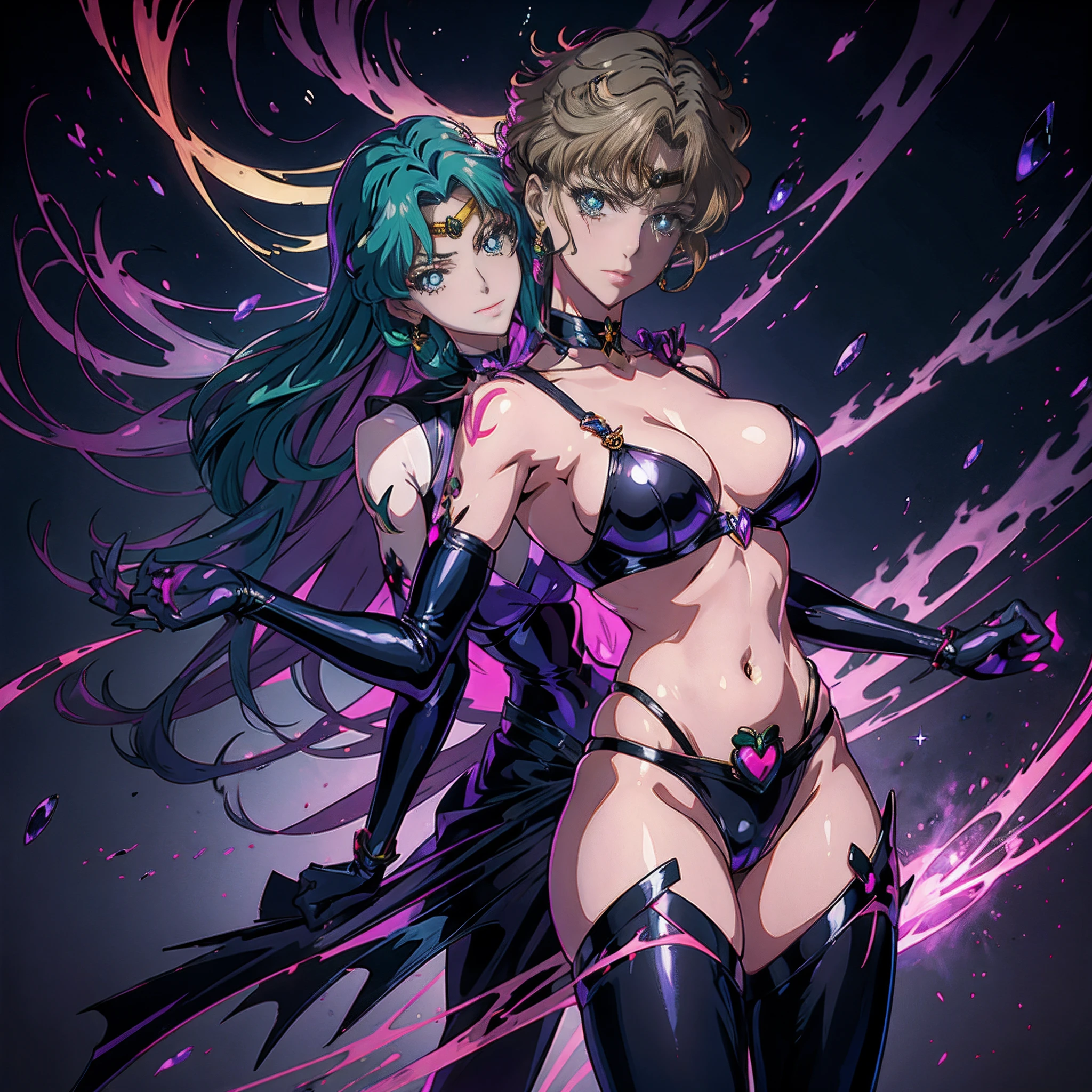 Sailor Uranus and sailor Neptune. Evil stained figure。Black costume。The sheen。The tattoo。