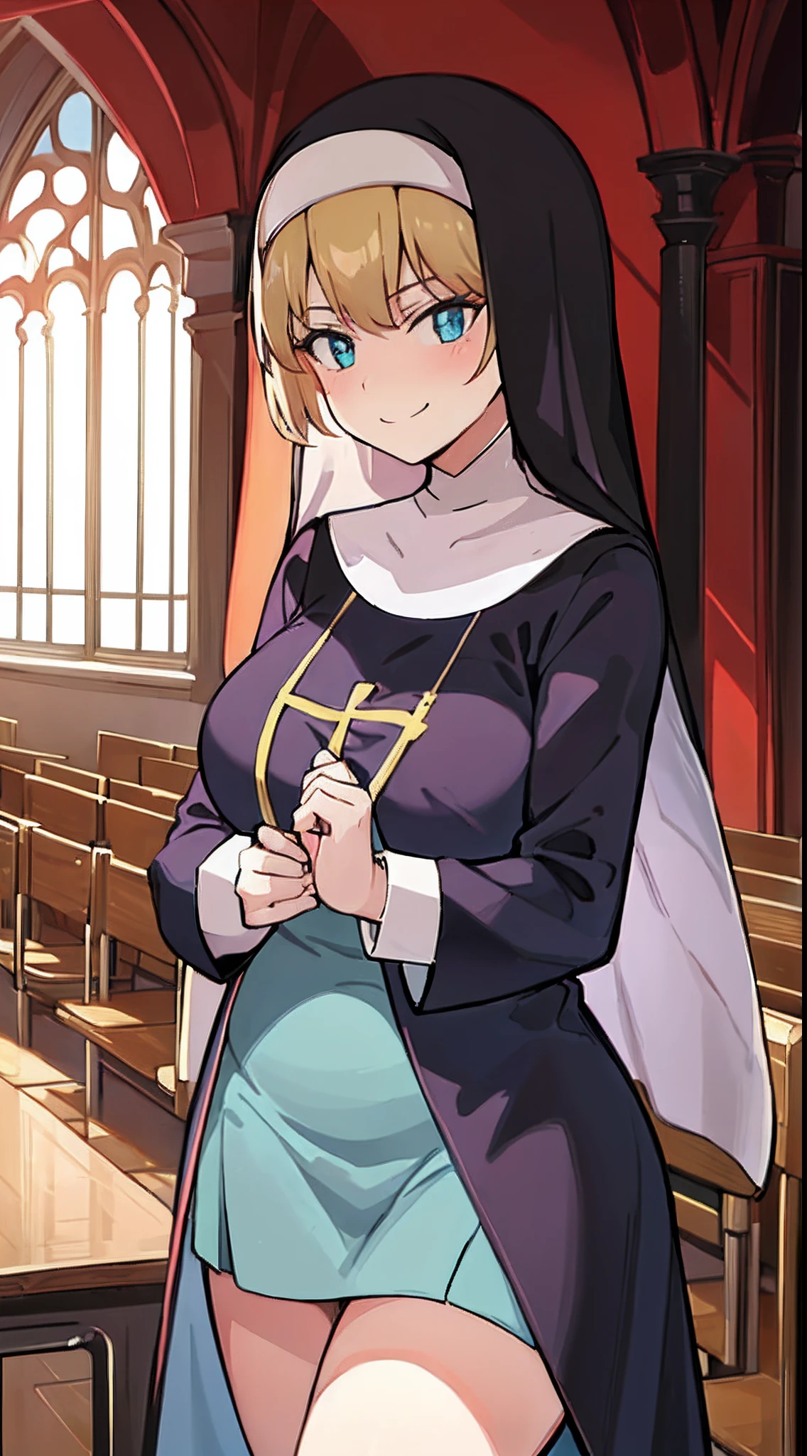 (One teenage nun girl) purple clothing. Cyan eyes. blonde woman, a plump body. Sweet calm face. smirk. Lowered gaze. Against the background of the church hall gloomy in the dark.