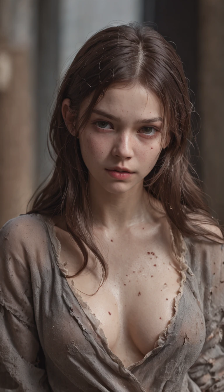 (8K, RAW photos, best image quality, masterpieces, : 1.2), (realistic, photorealistic: 1.37), young girl, small frame, exposed body, torn clothes, bruised, dirty hair, cinematic lighting, chained, restrained, dungeon, young girl, wet skin, ultra realisticc, pregnant belly, tears, ,crying, bruised body, torn clothes, panties round ankles, defeated
