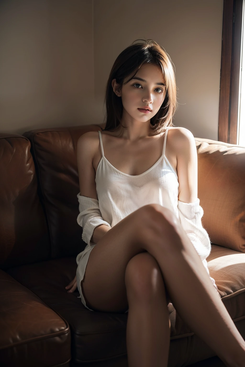 1fille,sitting on a comfortable sofa,crossing legs,Soft Light