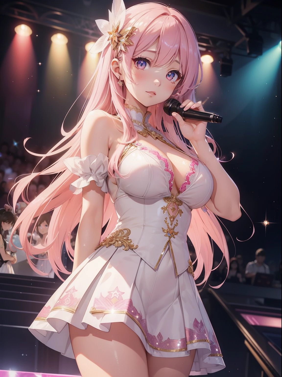 masutepiece, High resolution, 8K, anime woman, Delicate and detailed writing 、Detailed digital illustration、Very long hair and shiny、Bangs、a very beautiful woman、Eyes are double, Large, Bust is D cup、High image quality, High quality、Detailed background、(((Wearing idol clothes)))、((Glittering live stage backdrop))、The inside of the eye shines like a diamond、Light pink hair、Gradient pupil、(((2 arms、4 fingers, 1 thumb)))、Detailed female face、Very beautiful and cute woman、、细致背景、masterpiece、Soft Focus , Bright gradient watercolor , Lens Flare , (((Glitter))) , Glow , Dreamy , Holding a microphone in hand、a miniskirt、Nothing at hand、Idol、Pink ribbon、Very beautiful golden hair accessories、