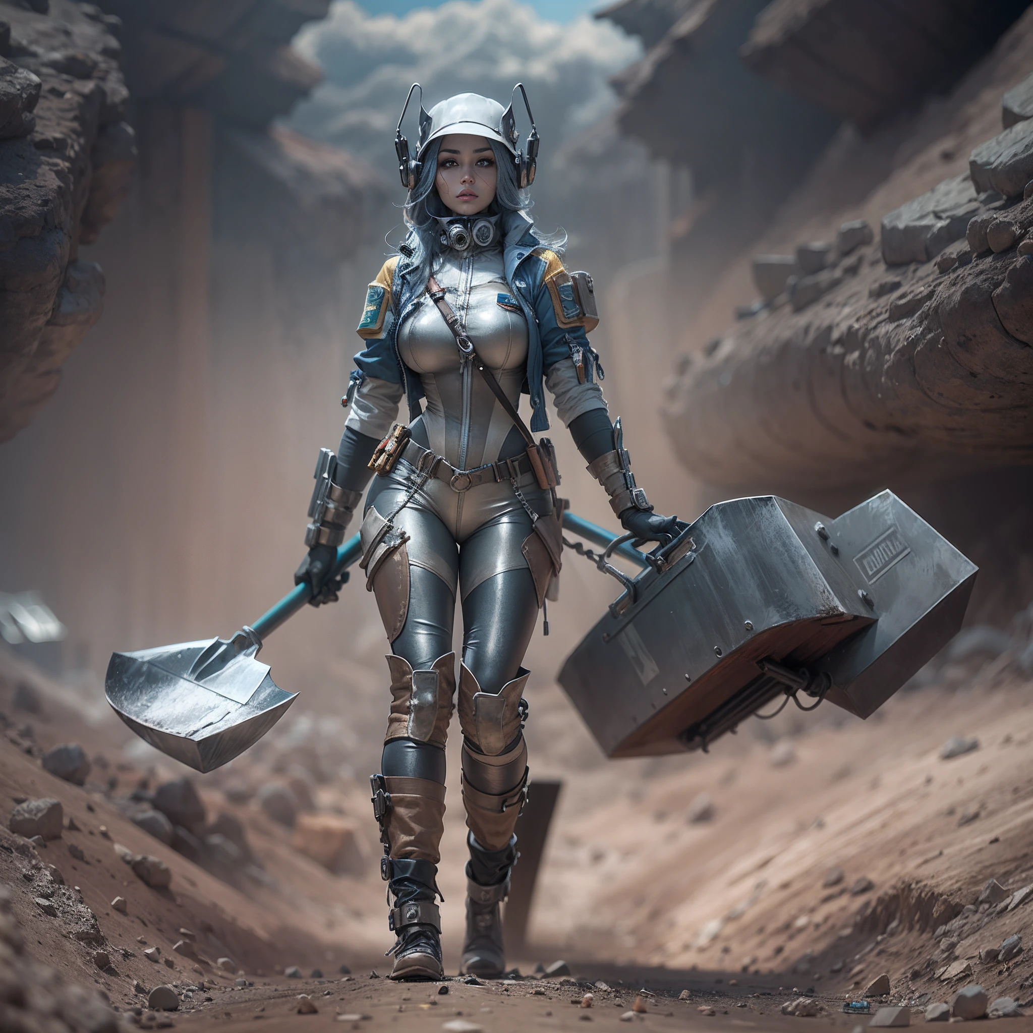 A woman with futuristic attire carrying a shovel, metal mining environment