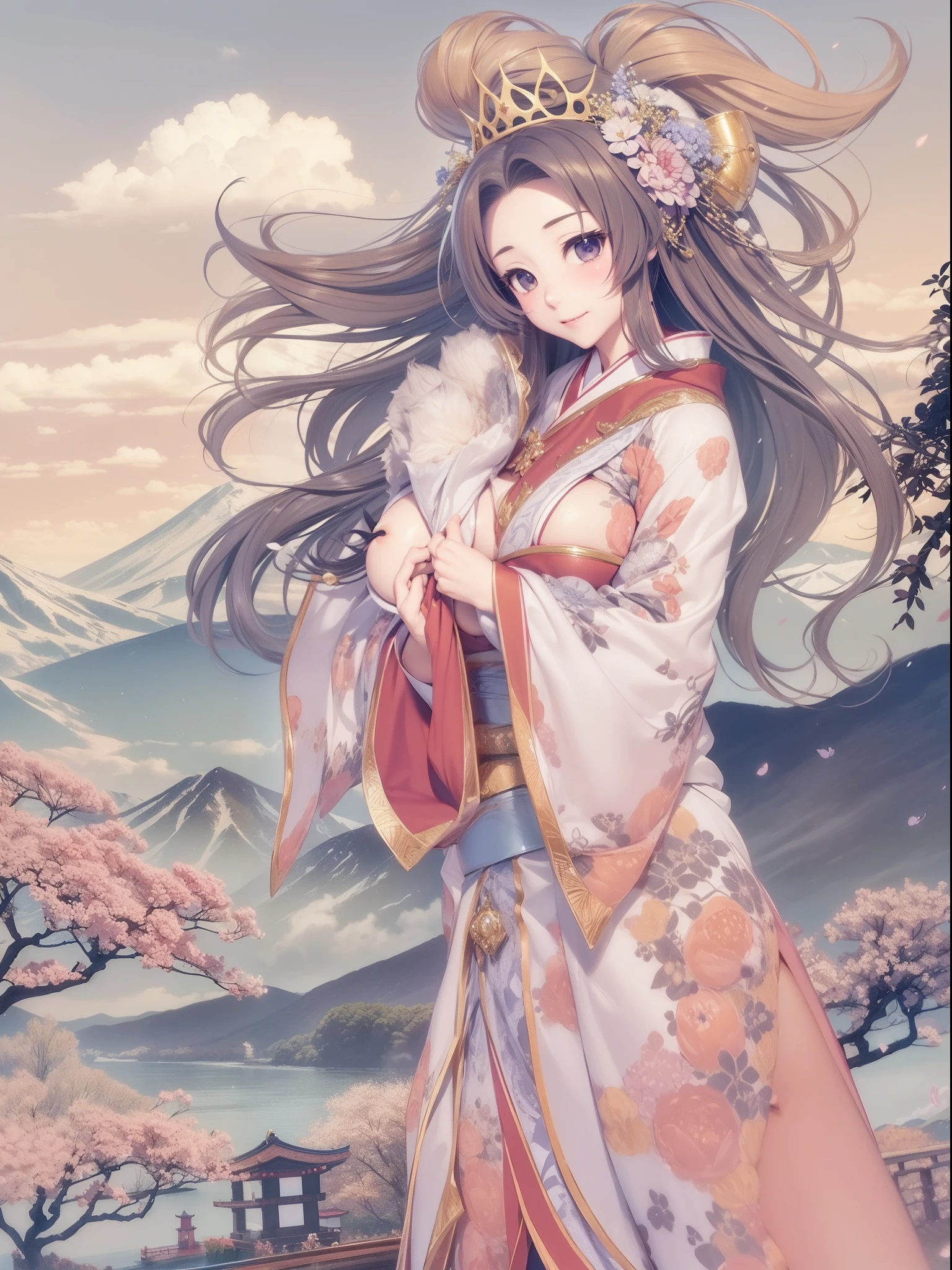 Majestic and elegant panorama of the mountains. Fuji.、Sakuhime Konohana smiles kindly、(The princess's breasts are huge:1.5)、Hair that flutters in the wind、The best illustrations、