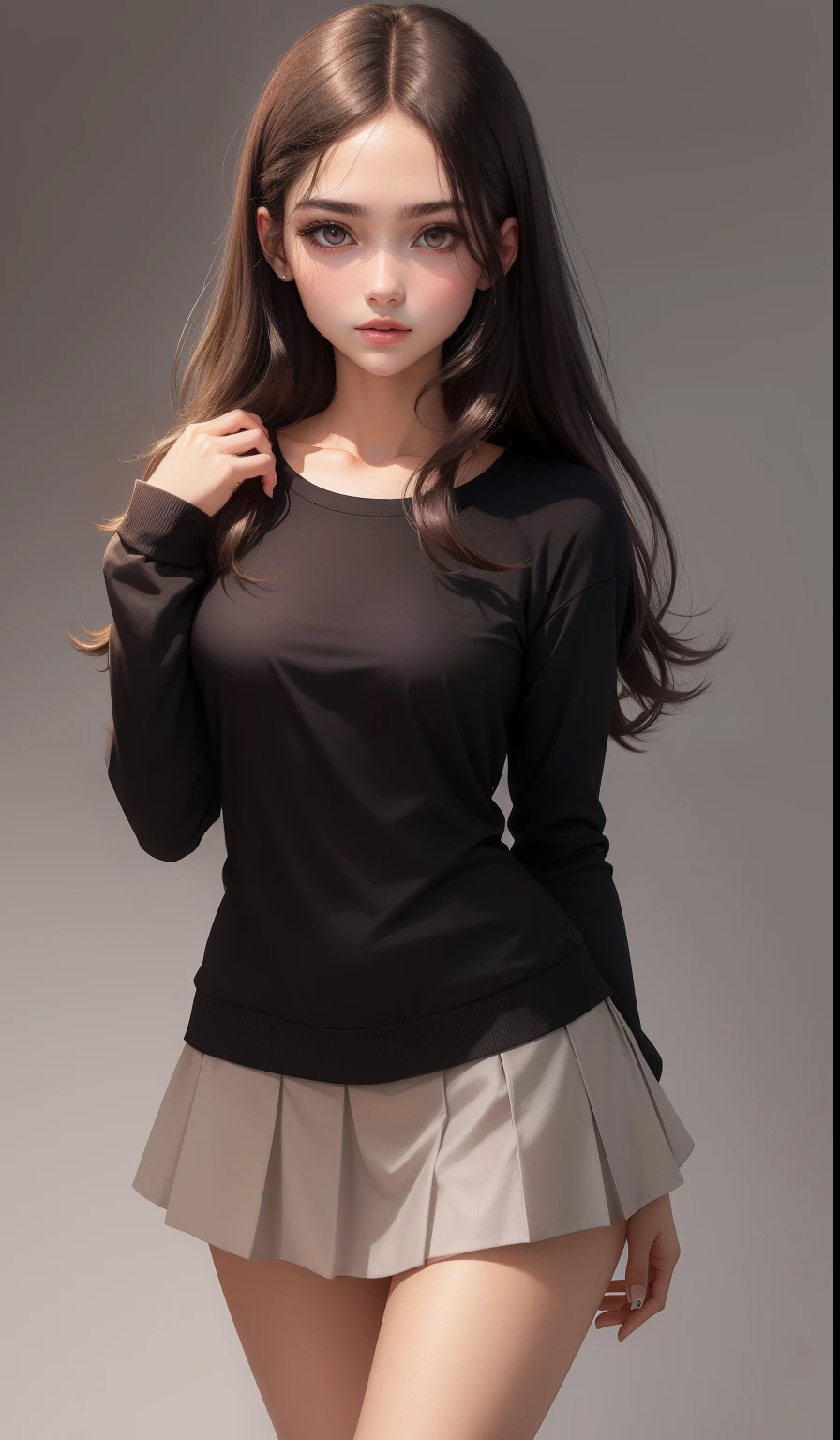 a woman in a casual clothing, white long sleeve T-shirt and circle skirt ,converse shoes, 17 years old, adult face, shoulder length slightly wavy hair, ((dark chocolate brown hair)) and gleaming detailed vibrant hazel eyes, slim frame, medium breasts, long legs, beautiful face, medium butt size, small feet size, small hand size, perfect hands, scary face, beautiful face, pretty face, hot woman, British woman, cream skin, small soft pink lips , small to medium breast size, sharp features, slim hourglass figure, ashen hair