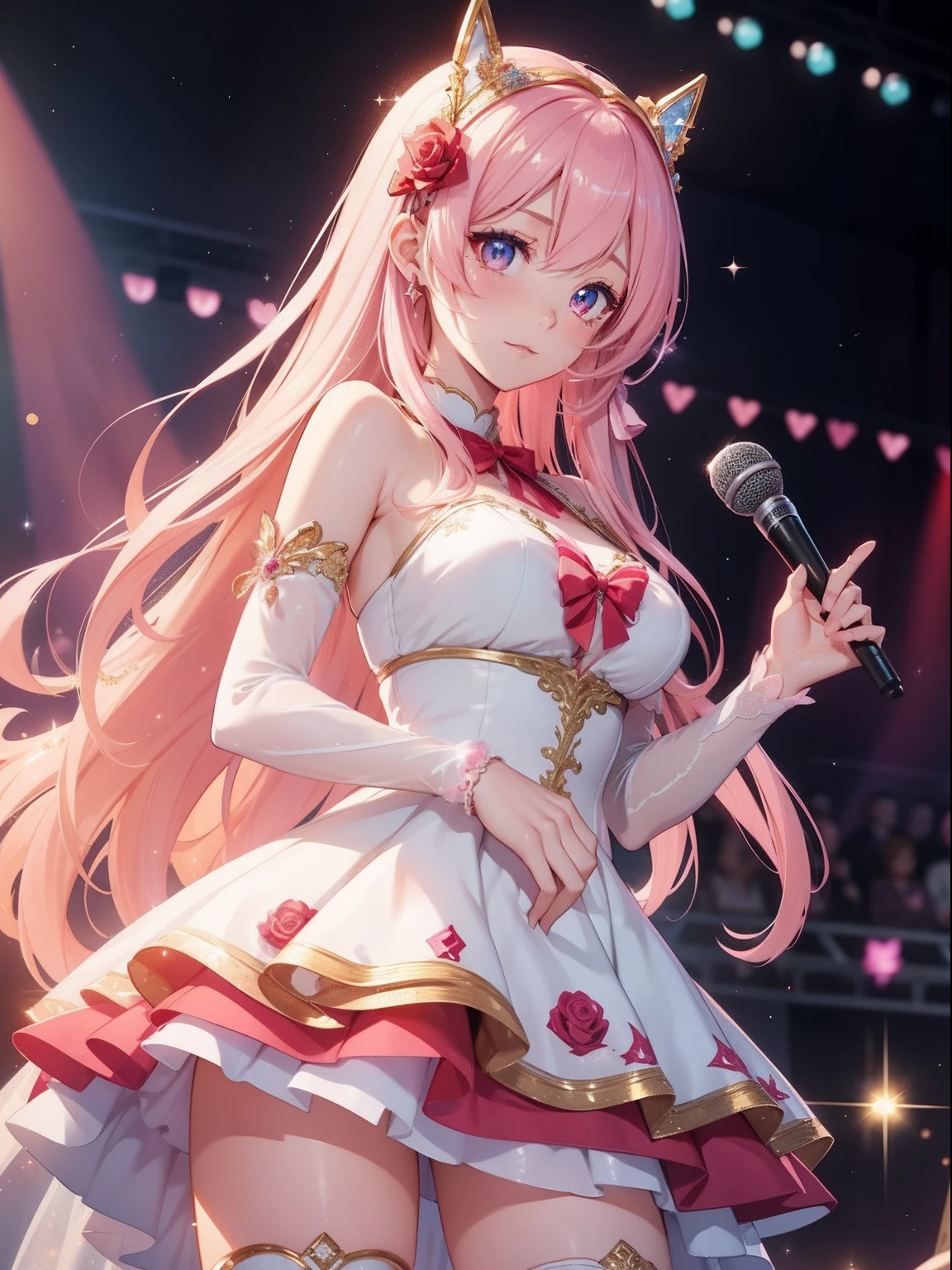 masutepiece, High resolution, 8K, anime woman, Delicate and detailed writing 、Detailed digital illustration、Very long hair and shiny、Bangs、a very beautiful woman、Eyes are double, Large, Bust is D cup、High image quality, High quality、Detailed background、(((Wearing idol clothes)))、((Glittering live stage backdrop))、The inside of the eye shines like a diamond、Light pink hair、Gradient pupil、(((2 arms、4 fingers, 1 thumb)))、Detailed female face、Very beautiful and cute woman、、细致背景、masterpiece、Soft Focus , Bright gradient watercolor , Lens Flare , (((Glitter))) , Glow , Dreamy , Holding a microphone in hand、a miniskirt、Nothing at hand、Idol、Pink ribbon、Very beautiful red rose hair accessories、Costumes are white, pink and gold