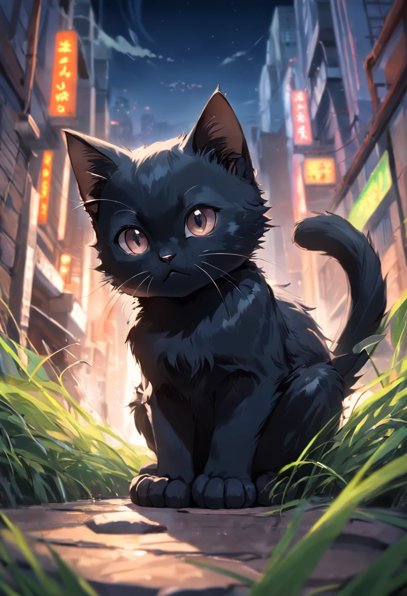 A small black kitten, haciendo una pose de gato, en ultra deficion y ultra alta resolucion
