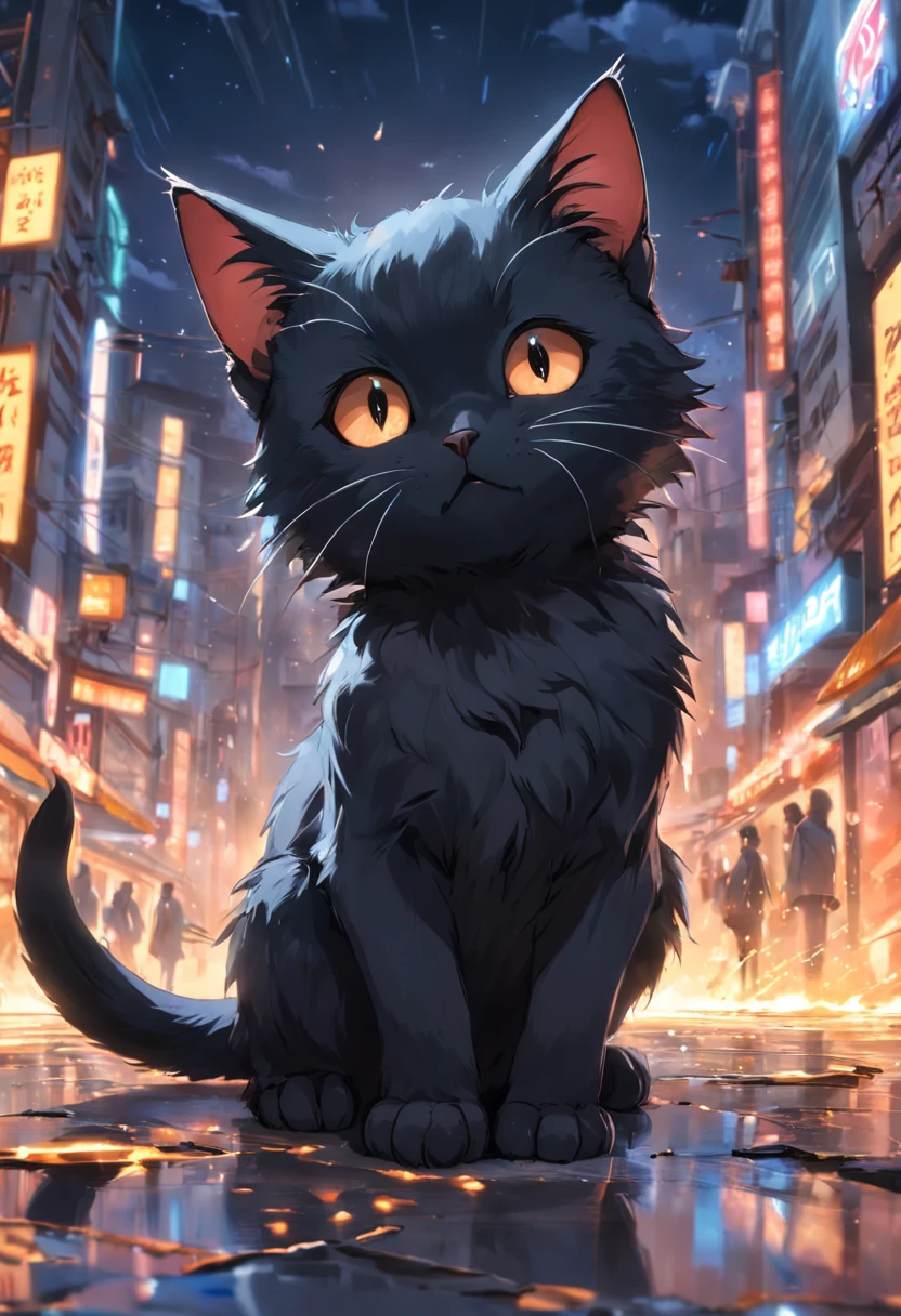 A small black kitten, haciendo una pose de gato, en ultra deficion y ultra alta resolucion