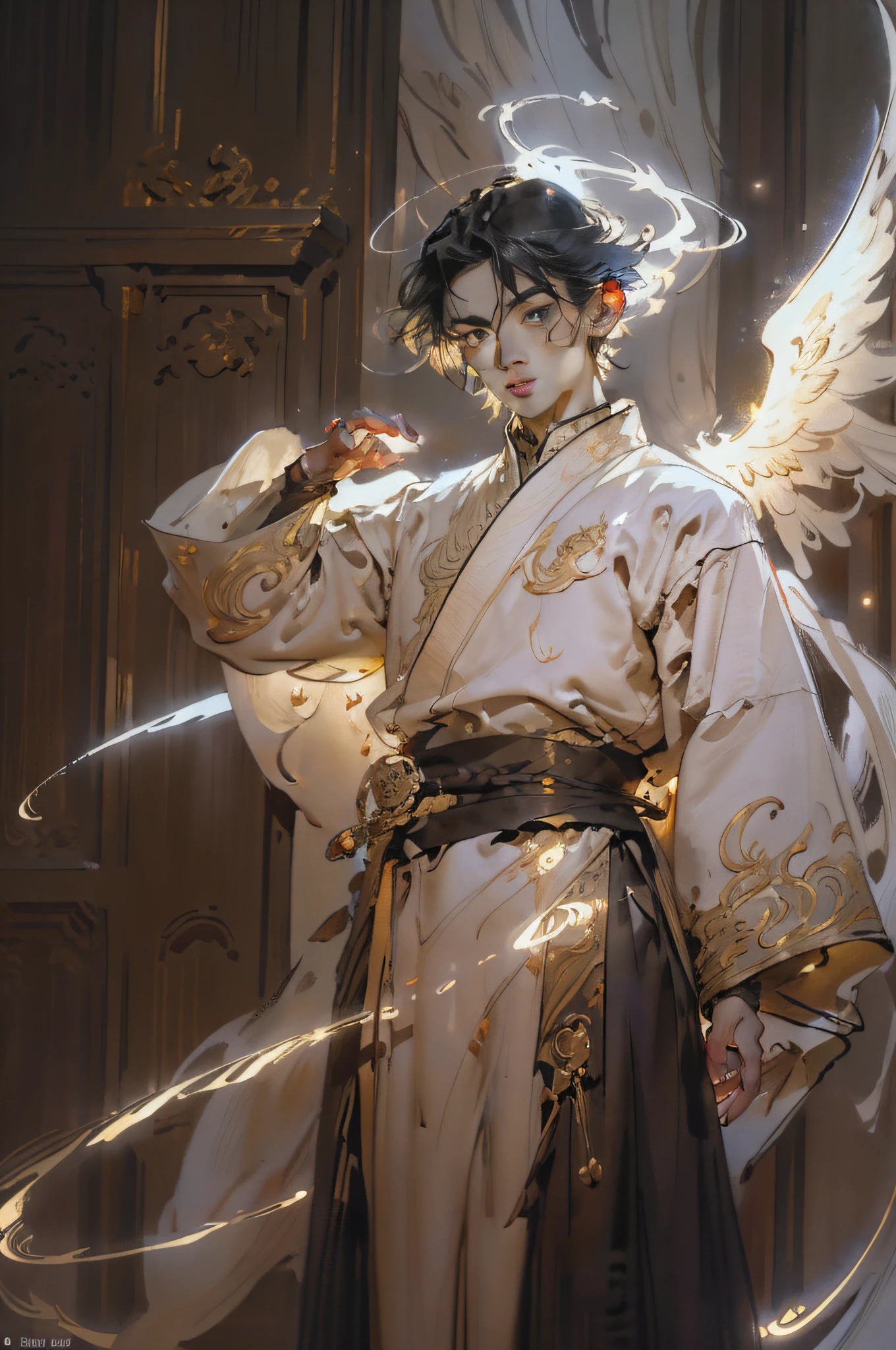 darkness's background,A beam of light fell from the sky,Magic wind surrounds, A young handsome boy Raphael,There are six white angel wings and a shining halo made of stardust,Holding the Sword of Life,Fly calmly into the air,Long light blonde shiny straight hair,Skin like snow,Lake blue eyes,Light-colored eyebrows, exquisite and beautiful face,god light,Wearing a shiny white angel robe,In the morning fog,palaces,,brightly,ren,rich details,high high quality