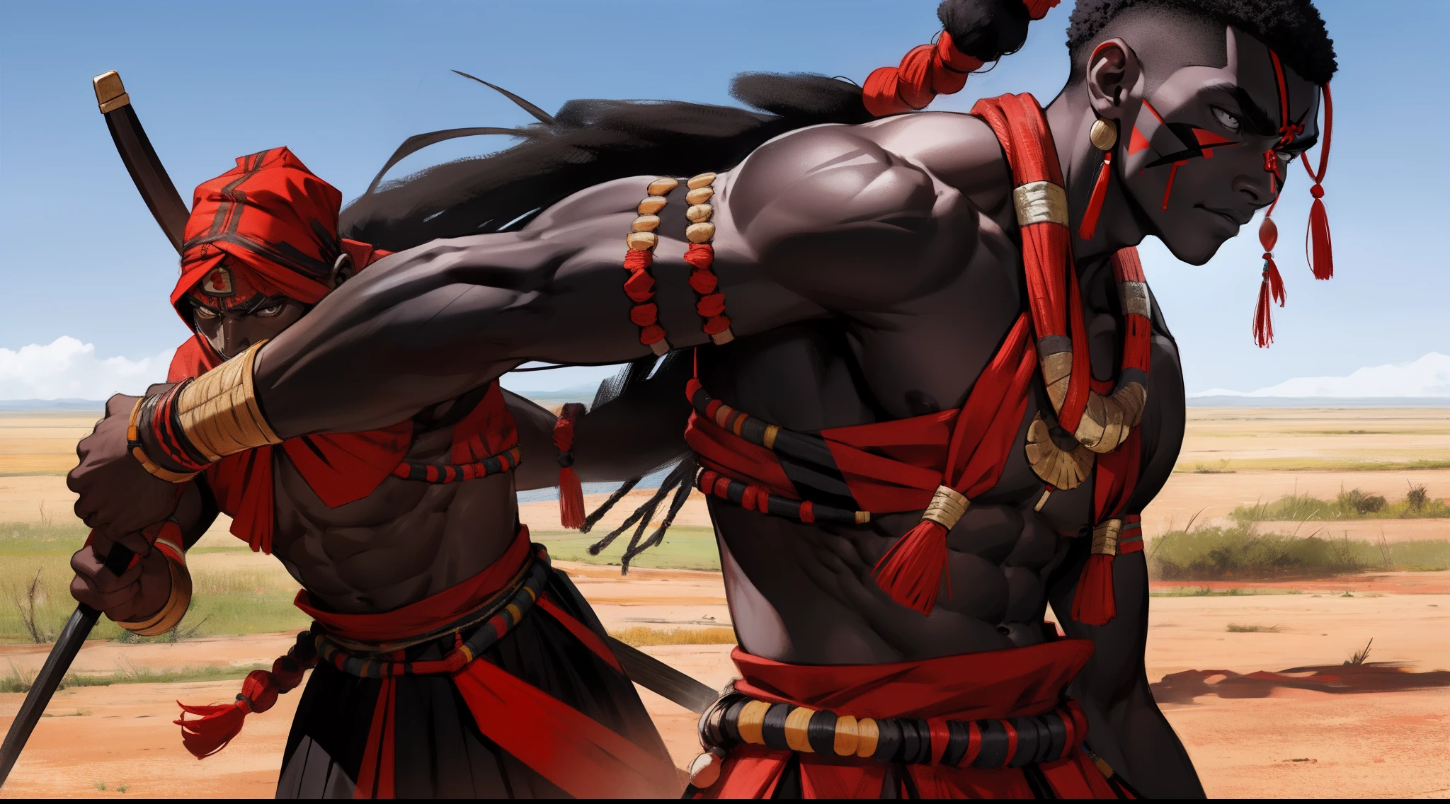 ((masai warrior) + muscle + (black skin) + (on the African plain))