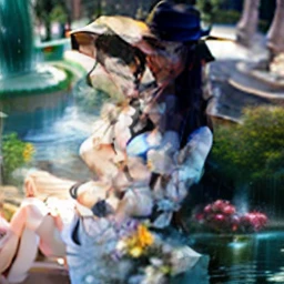 (top-quality: 1.3)、(​masterpiece: 1.3)、(The ultra-detailliert: 1.3)、(wall-paper, one girls)、([Diamonds: 1.3|The eye]:1.2)、(Perfect and beautiful white dress:1.3)、(Black hair:1.3)、a straw fedora hat、Long hair、(Beautiful Large Breasts:1.3)、a park、夏天、The fountain、Beautiful sister、ssmile、(sexypose:1.3)、Sit by the fountain