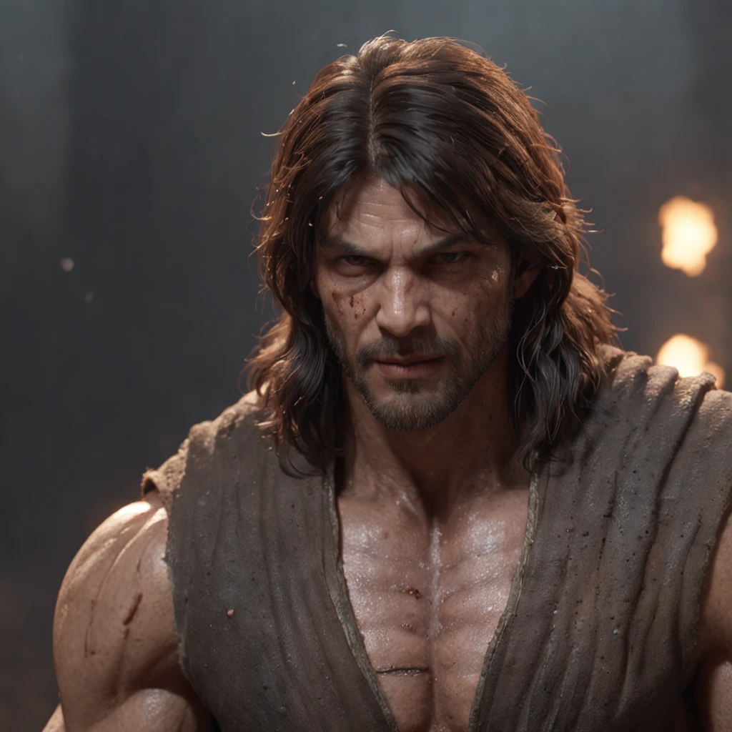 (professional 3d render:1.3) af (Realistic:1.3) most beautiful artwork photo in the world,Features soft and shiny male heroes, ((Epic hero fantasy muscle man rough wet hero angry look long hair short beard and ferocious expression in dynamic pose, Fantastic location, Majestic cluttered environment)), full body 8k unity render, action shot, skin pore, very dark lighting, heavyshading, Detailed, Detailed face, (vibrant, photograph realistic, Realistic, Dramatic, Dark, Sharp focus, 8K), (Old leather garments damaged by weathering:1.4), ((((Wear fur)))), (Intricate:1.4), decadent, (Highly detailed:1.4), Digital painting, rendering by octane, art stations, concept-art, smooth, Sharp focus, illustration, Art germ, (loish:0.23), wlop ilya kuvshinov, and greg rutkowski and alphonse mucha gracias, (Global illumination, Studio light, volumettic light), heavy rain, particles floating, lotr, fantasy, elf, full bodyesbian, ((Dark and ancient city background:1.3)),CGSesociety,art stations