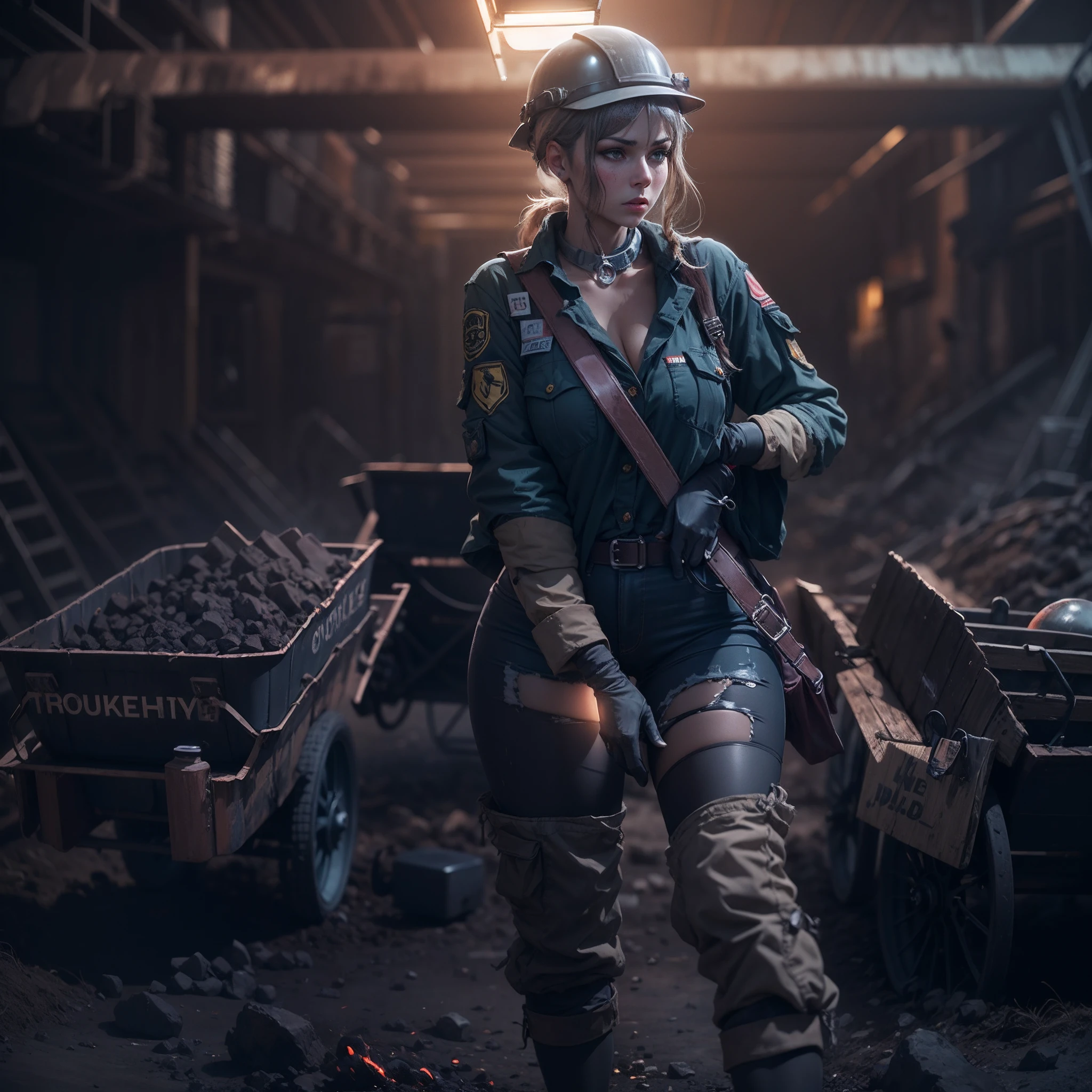 A woman with futuristic clothes working in coal mining, dirty face, pulling a wagon, anime style, cinematic lighting
