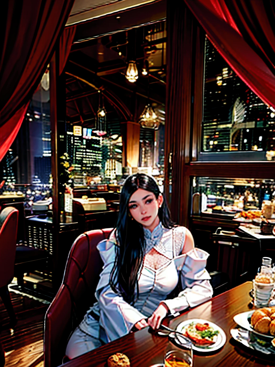 There was a woman sitting at the table，Carrying a plate of food, Shot on Canon EOS R 6, anna nikonova aka newmilky, High picture quality, cindy avelino, yelena belova, shot with sony alpha 1 camera, shaxi, Handsome girl, Serena Marion, Gorgeous lady, imagem de qualidade alta, a beautiful woman in white aodai