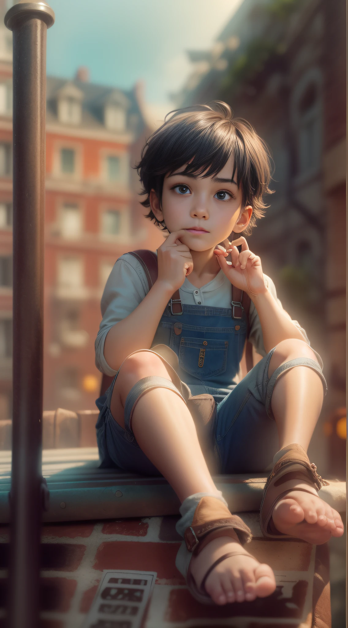 There is a poster，It features a boy sitting on a roof，short detailed hair，Denim suspenders，The barefoot，depth of fields，high light，Real light，Ray traching，Animation-style rendering，movie picture quality，style of disney animation，oc rendered，Hyper-realistic，best qualtiy，8K，Works of masters，super-fine，Detailed pubic hair，Correct anatomy，sharp focus on eyes，Bokeh，Facial features are carefully depicted