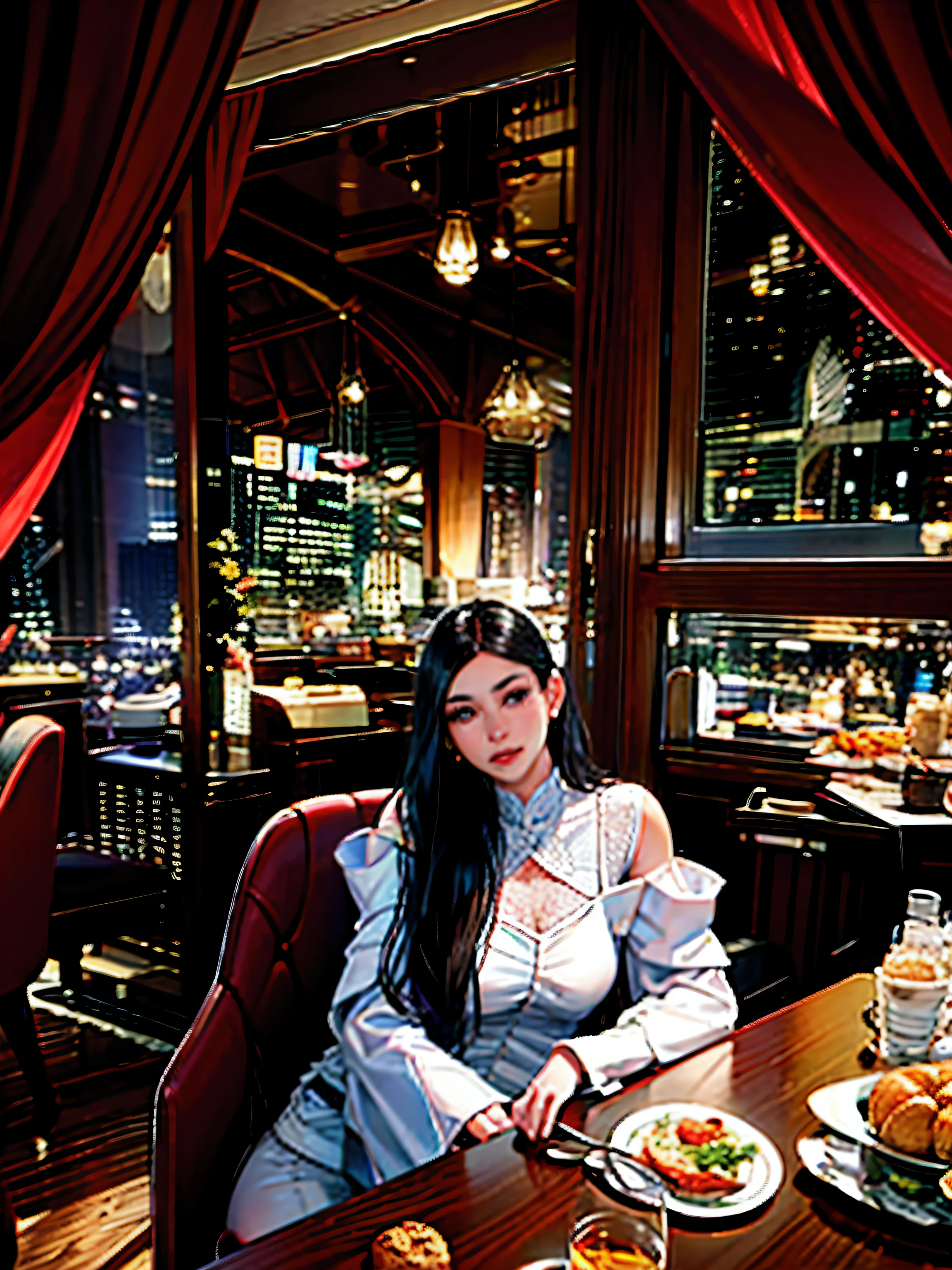 There was a woman sitting at the table,Carrying a plate of food, Shot on Canon EOS R 6, anna nikonova aka newmilky, High picture quality, cindy avelino, yelena belova, shot with sony alpha 1 camera, shaxi, Handsome girl, Serena Marion, Gorgeous lady, imagem de qualidade alta, a beautiful woman in white aodai