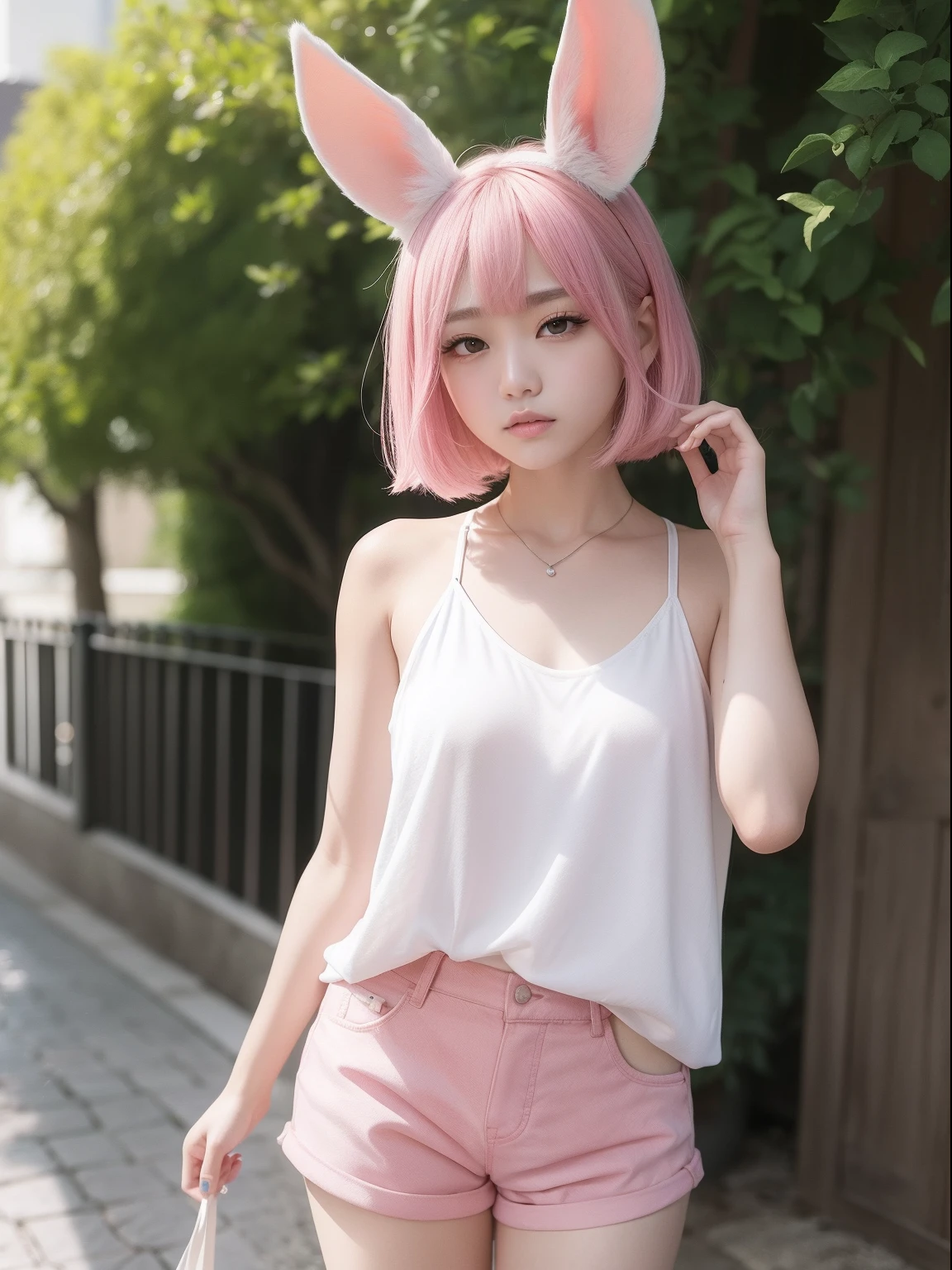 gust of wind、The city where it rains、Large tank top、Pink shorts、Pink Shortcut Bob、Realistic rabbit ears、rabbit ears pink hair sticking out of the head,,,,,,,,,,、Bewitching atmosphere、Beautiful shaped hands、K-POP、Pink rabbit ears、1 girl in、独奏、​masterpiece、top-quality、realisitic、Hyper-detailing、(Glossy skin:1.4)、absurderes、short pink hair、Slender beauties、动态照明、hight resolution、foco nítido、depth of fields、(thick thight:1.0)、A slender :1.2、((Short-cut bob hair))、((k pop:1.3))、Highly detailed facial and skin texture、((魅惑的))、Anatomically correct number of fingers、Correct anatomy、