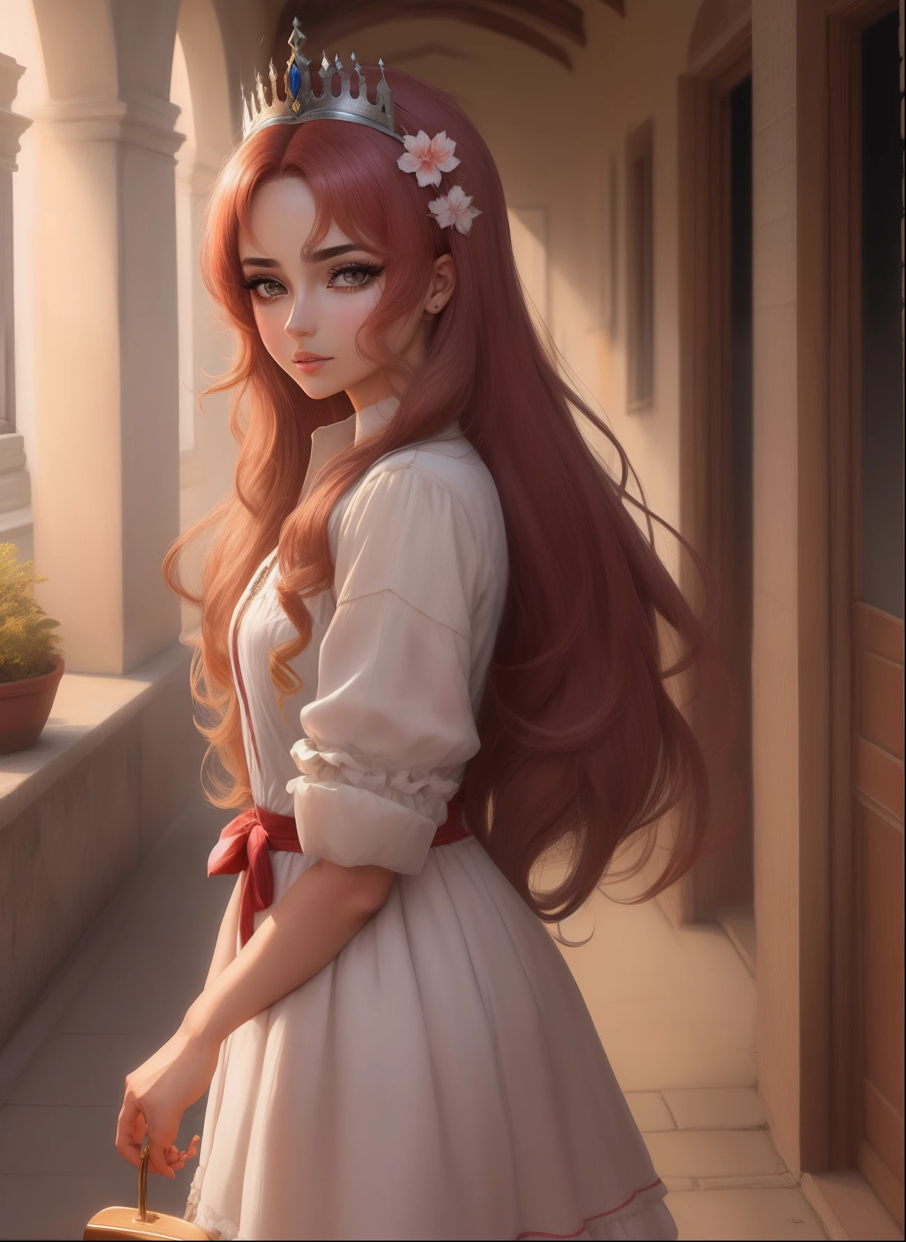 Feminino, branca, olhos castanhos, rainha, cabelos castanhos, anime