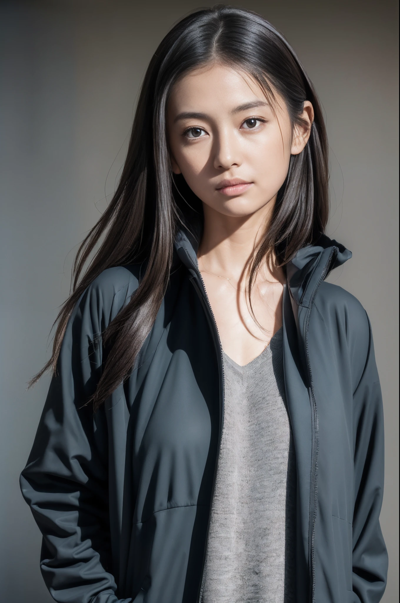 (Masterpiece:1.3), (8K, Photorealistic, Raw photography, Best Quality:1.4), (1girl), Beautiful face, Realistic face, (Detailed face), Beautiful hairstyle, (Detailed hair), Realistic eyes, (Detailed eyes), Beautiful details, Realistic skin, (Detailed skin), Beautiful skin, Attractive, Ultra high definition, A hyper-realistic, Very detailed, (medium breasts:0.5), Japanese beauty, (slim figure), (arafed man in a blue jacket and black pants standing in front of a gray wall, techwear, 2 techwear women, u. h. d, basic, photograph of a techwear woman, by Tadashi Nakayama, woo kim, technical suit, future techwear, hooded, y3, y 3, f / 2 0, techwear clothes), cute young Japanese girl, pretty young Japanese girl, (dark gray gradation background)