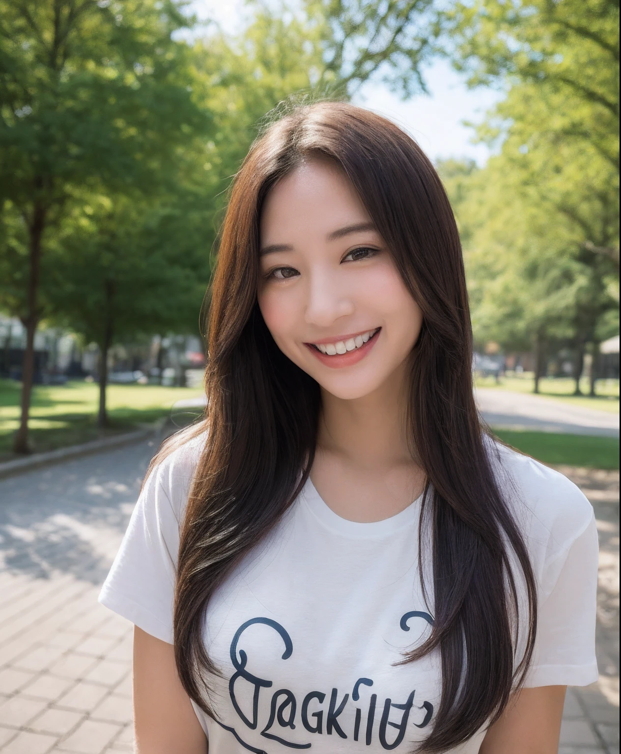 ((top-quality、in 8K、masterpiece:1.3))、1girl in、Beautiful woman with plump abs emphasized:1.3、(The long-haired、Colossal tits、Colossal tits:1.2)、In the city、Super delicate face、wholesome、二重まぶた、A smile that showed teeth、in tshirt、Looking at the camera、Big smile、Look here、Look at me with your eyes wide open、Cozy feeling、Walk in the park、Wearing a T-shirt、