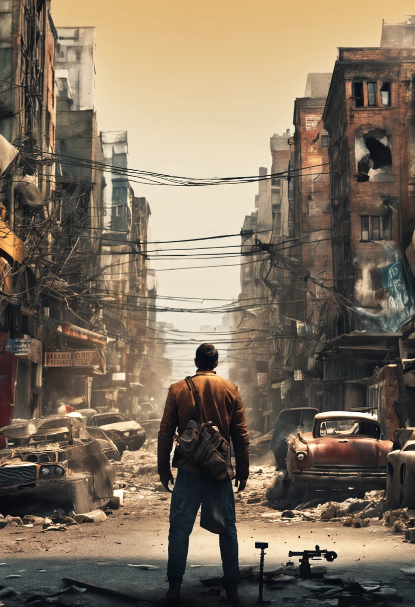 Postapocalyptic city, man standing alone in the middle of street