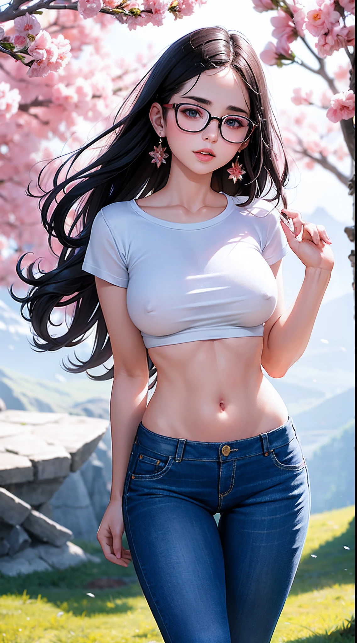 Beautiful young Margaret Qualley, killer girl, ************, very white skin tone, prescription glasses, large earrings, large t-shirt, tight jeans, midday sun, hyperrealistic, model body, small breasts, beautiful breasts, long hair, wavy hair, Red ends of hair, long legs, 8k, 超High resolution, best quality, On Frozen Mountain, RAW portrait, photorealistic, cherry blossom, ambient lighting, detailed shadows, camera focus on thighs, pose fluffy, strong wind, light fog