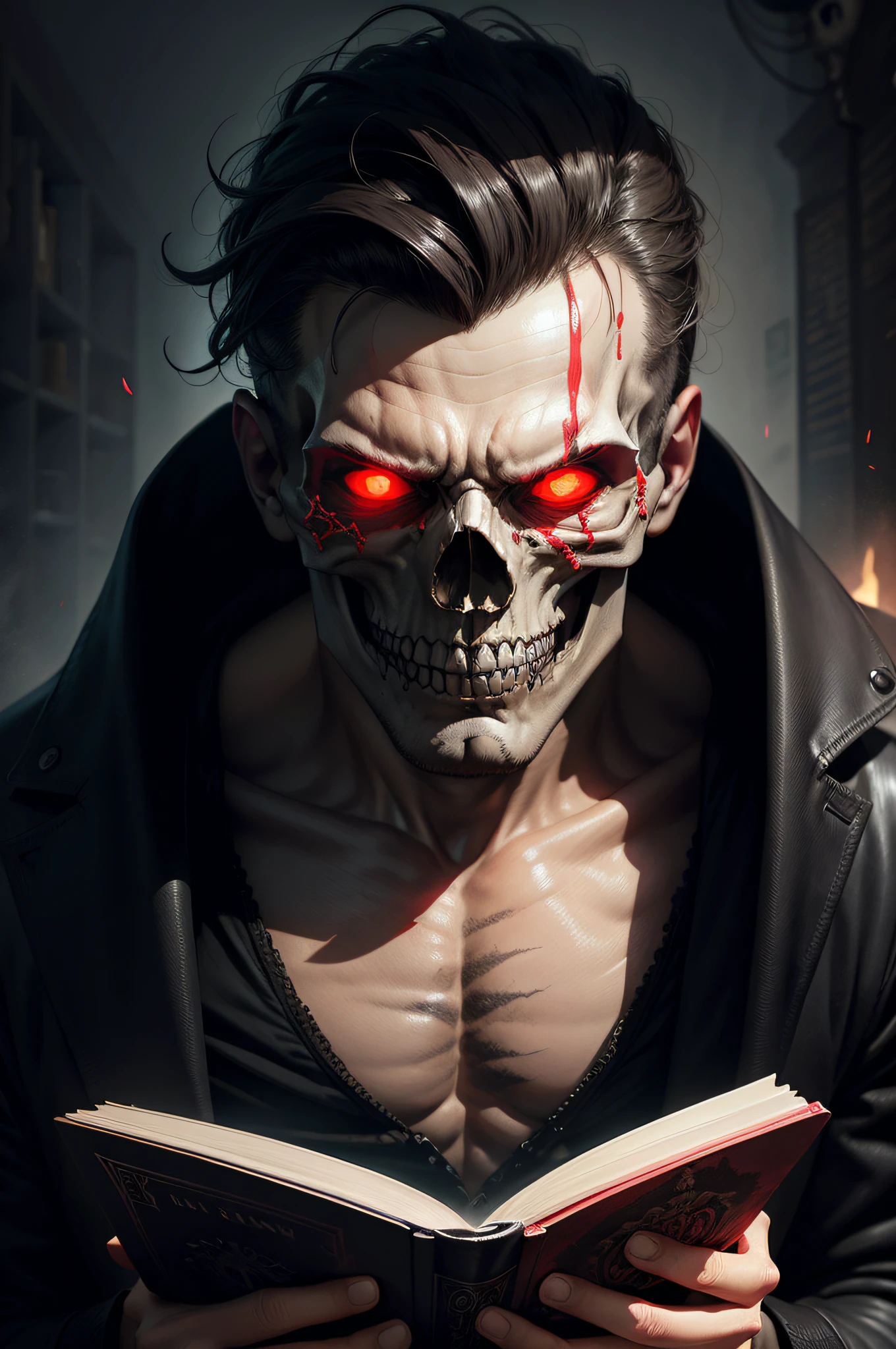 An enigmatic dark man with a skull part of his face and red eyes reading a horror story book