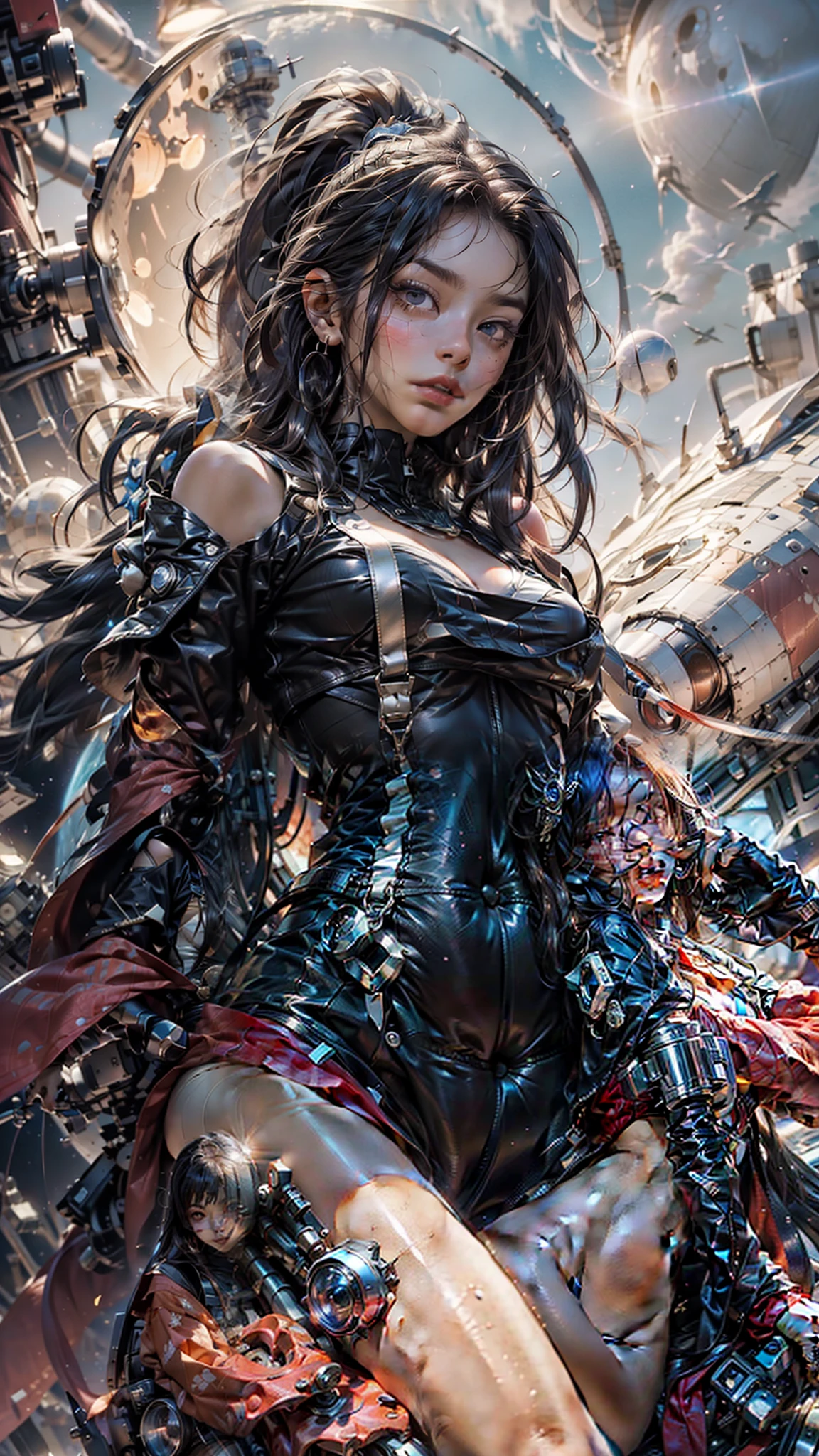 (maximum resolution: 1.2), (Ultra HDTV: 1.2), 8K resolution, Eye and skin detail, detailed facial features, , ( Sharp focus: 1.2), (Focus focus) facial expression: 1.2), Sitting girl, Monocle, Pajamas, (long hair), Black hair, (aerospace), Many stars, planets around, eyes looking straight ahead.